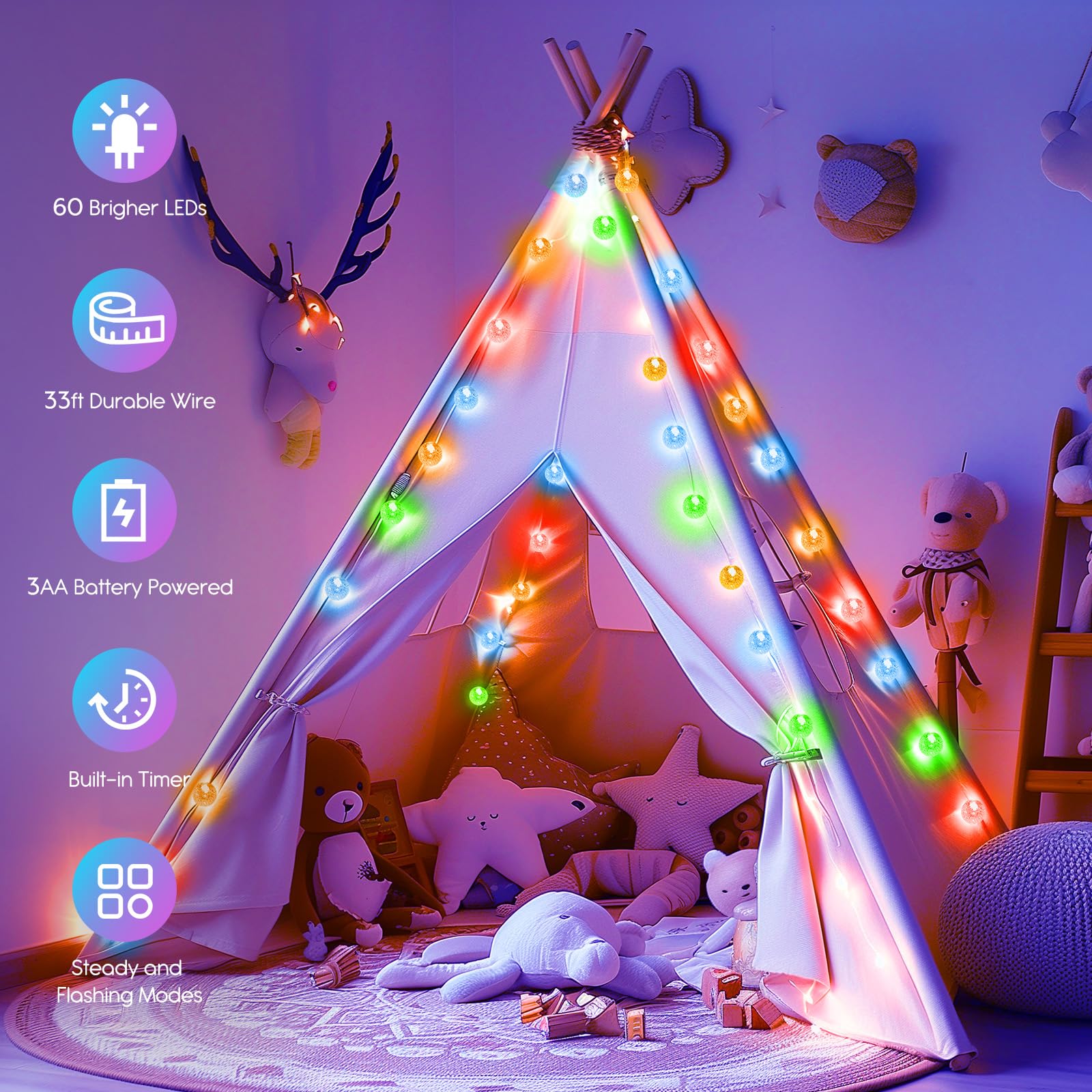 Minetom Crystal Globe String Lights, 33 ft, 60 LED, Battery Operated, Waterproof, Multicolor, 8 Modes for Indoor/Outdoor Decor