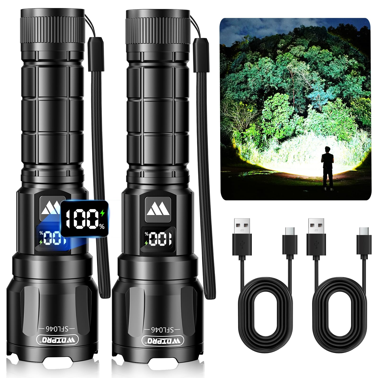 Wdtpro LED Rechargeable Flashlights High Lumens 2Pack  6000LM Super Bright Flashlight  Zoomable Powerful Camping Flashlights with LCD Digital Display  3 Modes Waterproof Flash Light for Home Emergency