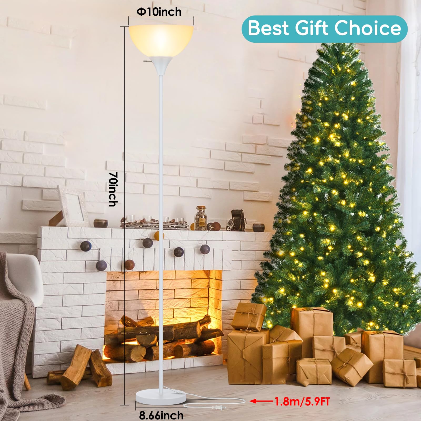 Coucrek Floor Lamp, Led Standing Lamps With White Plastic Shade, Corner Floor Lights For Living Room Bedroom, Rotary Switch, Bul