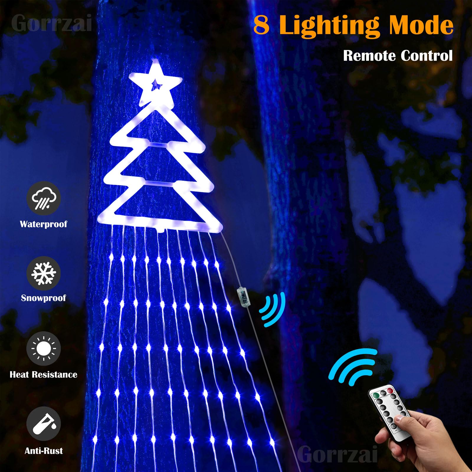 Gorrzai Outdoor Christmas Decorations Star String Lights 420 Led Waterproof Waterfall Lights With Christmas Tree Topper, 8 Light