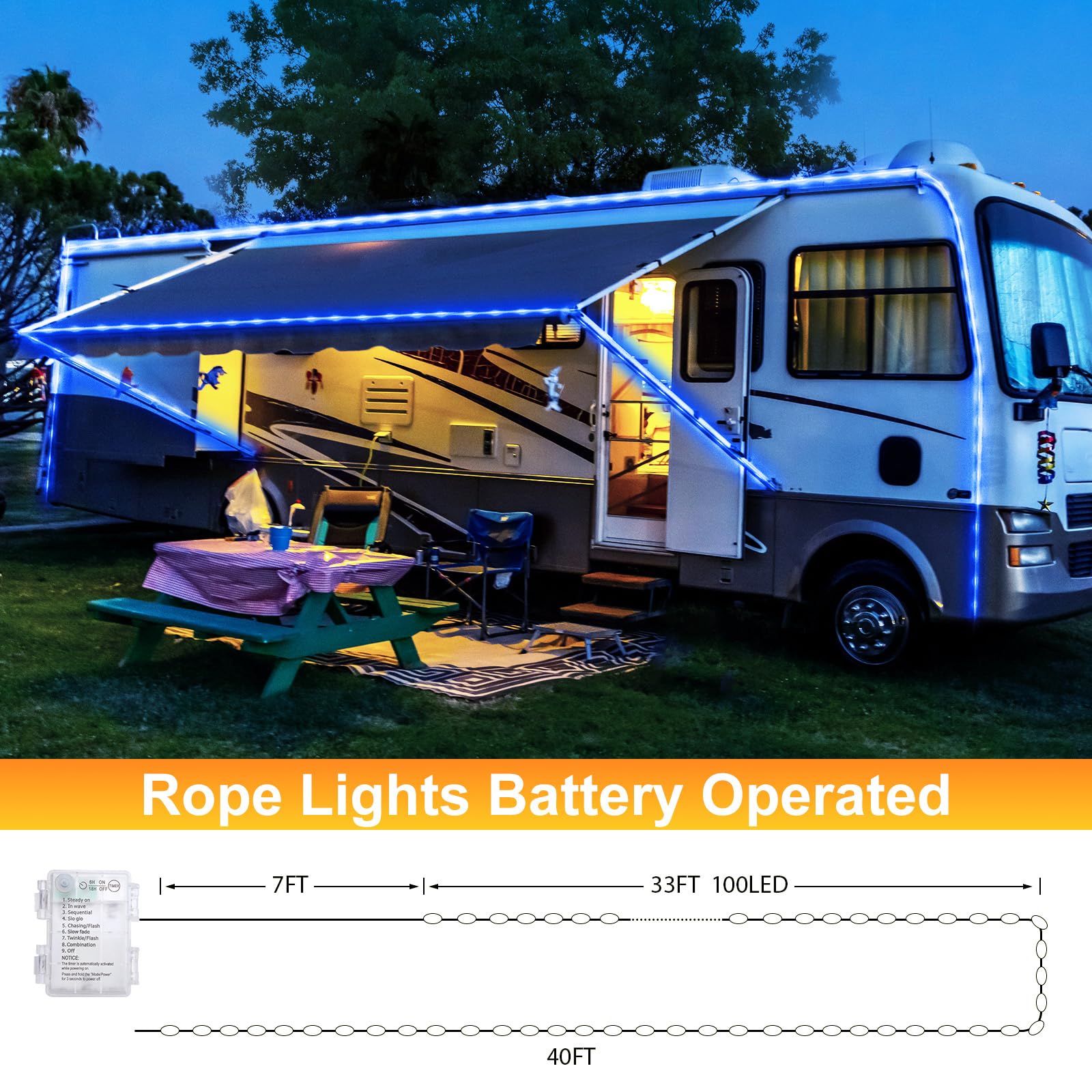 Minetom 2 Pack Battery Operated Christmas Lights Outdoor, Total 80Ft 200 Led Outdoor Rope Lights Battery Operated, Fairy Lights With Timer 8 Mode, String Lights For Outdoor Bedroom Indoor, Blue