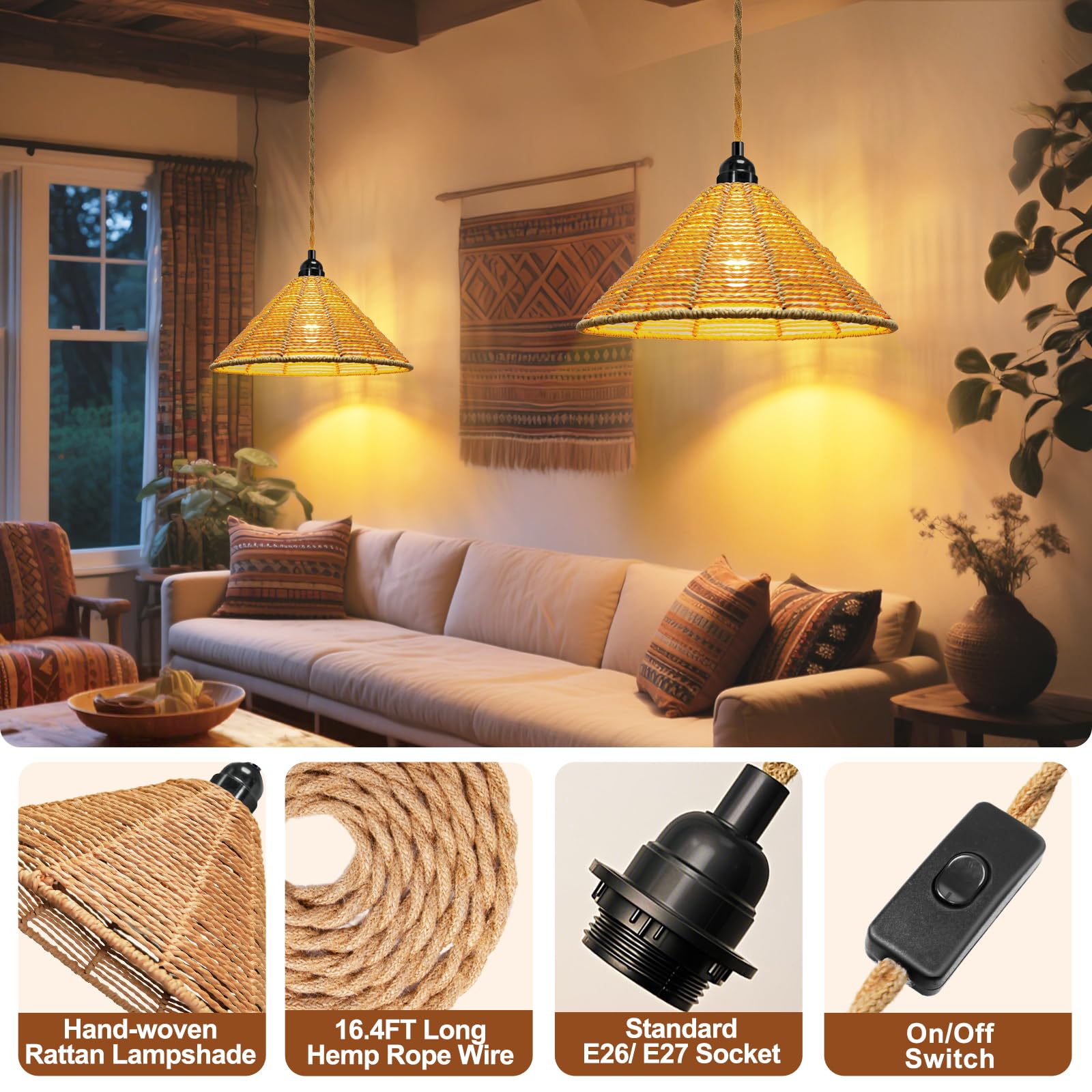 Maliralt Rattan Pendant Light - 16.4ft Plug-in Cord Fixture, Industrial Shade, 7.88 Inch, Jute Rope, On/Off Switch for Bedroom/Living Room