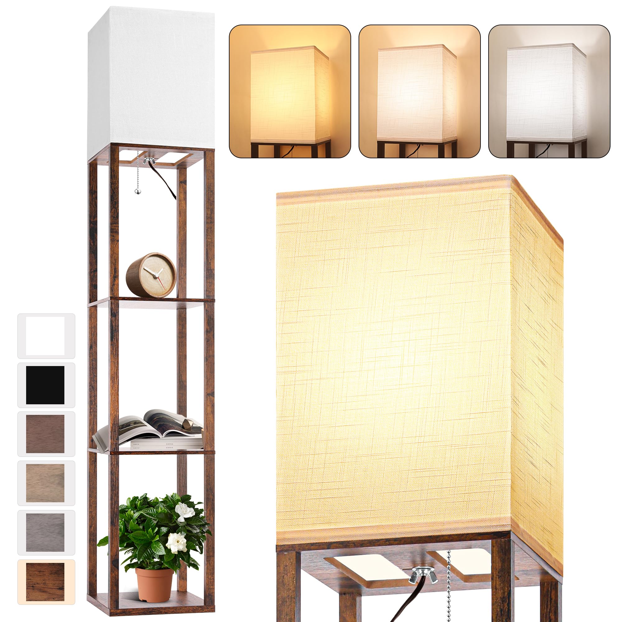 Floor Lamp with Shelves for Living Room Brown, Shelf Floor Lamp with 3 CCT LED Bulb, Corner Display Standing Column Lamp Etagere