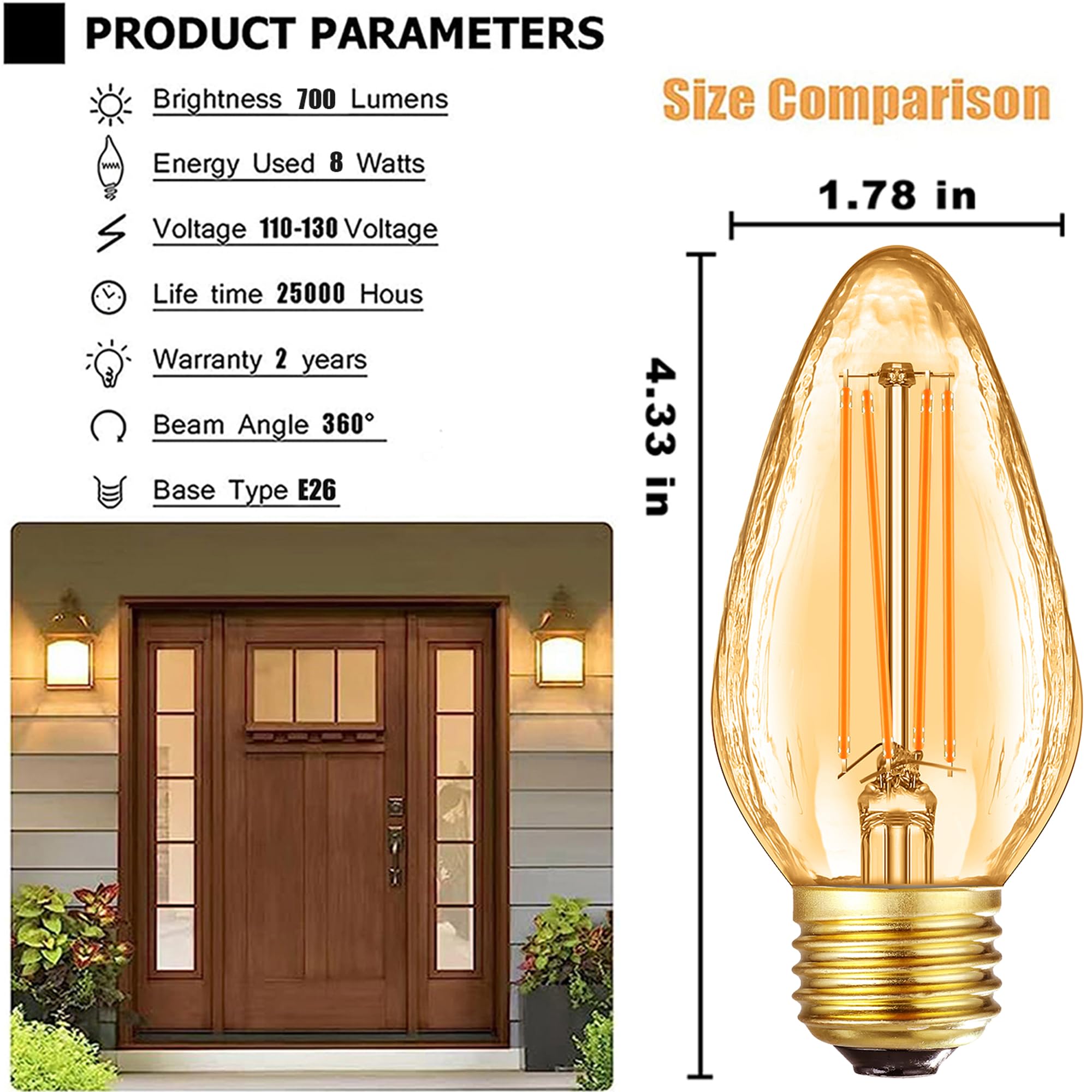 Leools F15 8W Led Porch Light Bulb Outdoor, E26 Medium Base Led Post Bulb For 75W Incandescent Equivalent,Dimmable 2700K Warm Wh