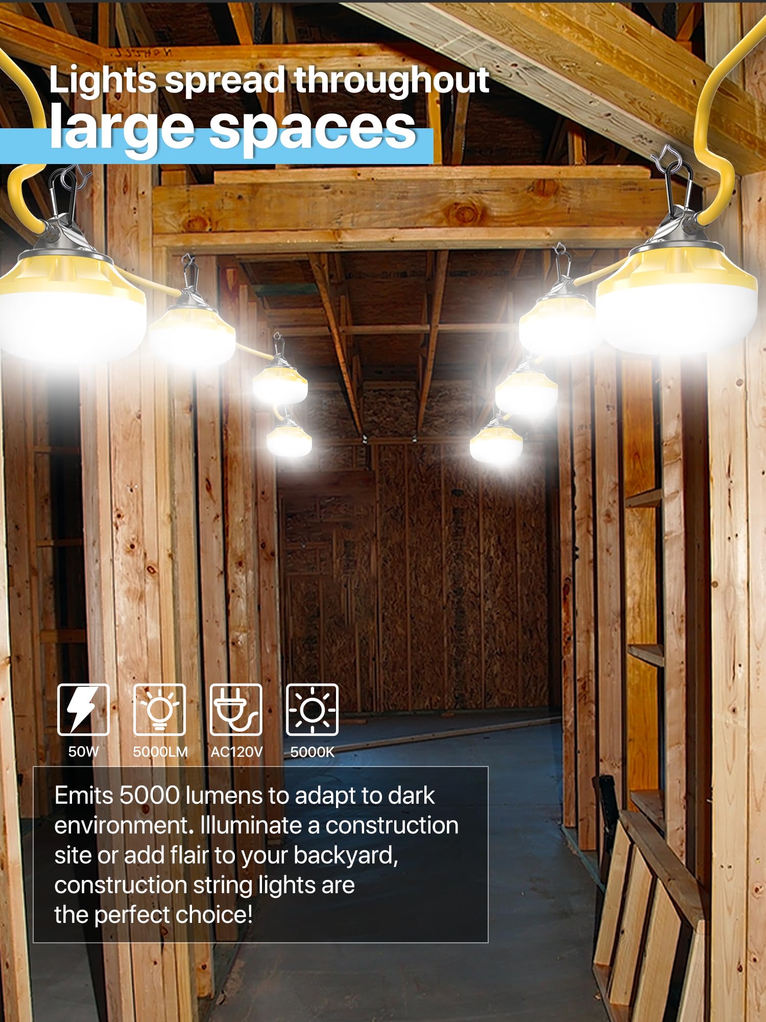 Hyperlite Construction String Lights: 50Ft 5 Bulbs Work Lights With Climbing Hooks - Ip65 Waterproof Linkable Led Industrial Tem