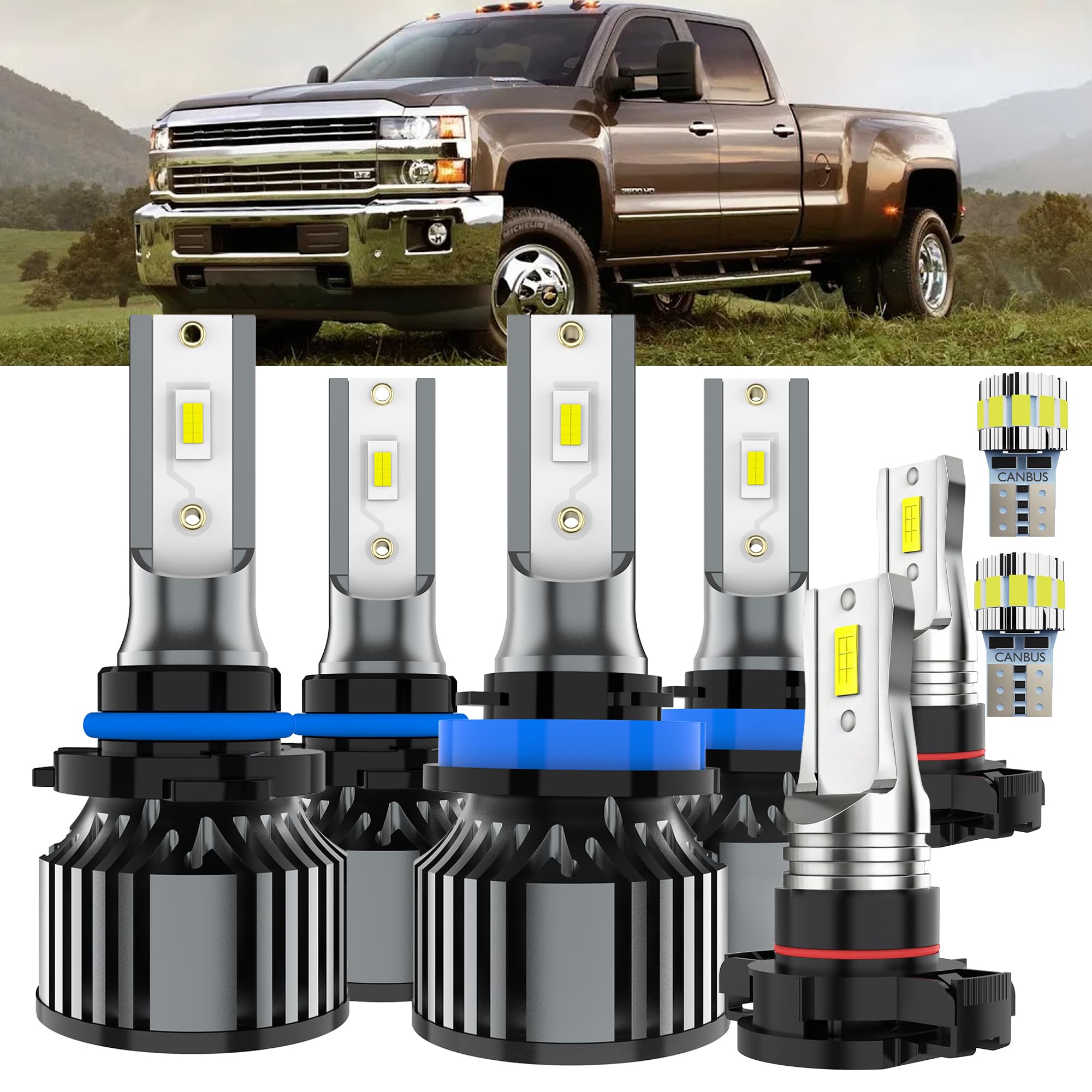 AYOTZIH Bulbs Fit For Chevy Silverado 2500 2015-2022, High Beams+ Low Beams+ Fog Lights+ License Plate Lights Combo, 6000K White