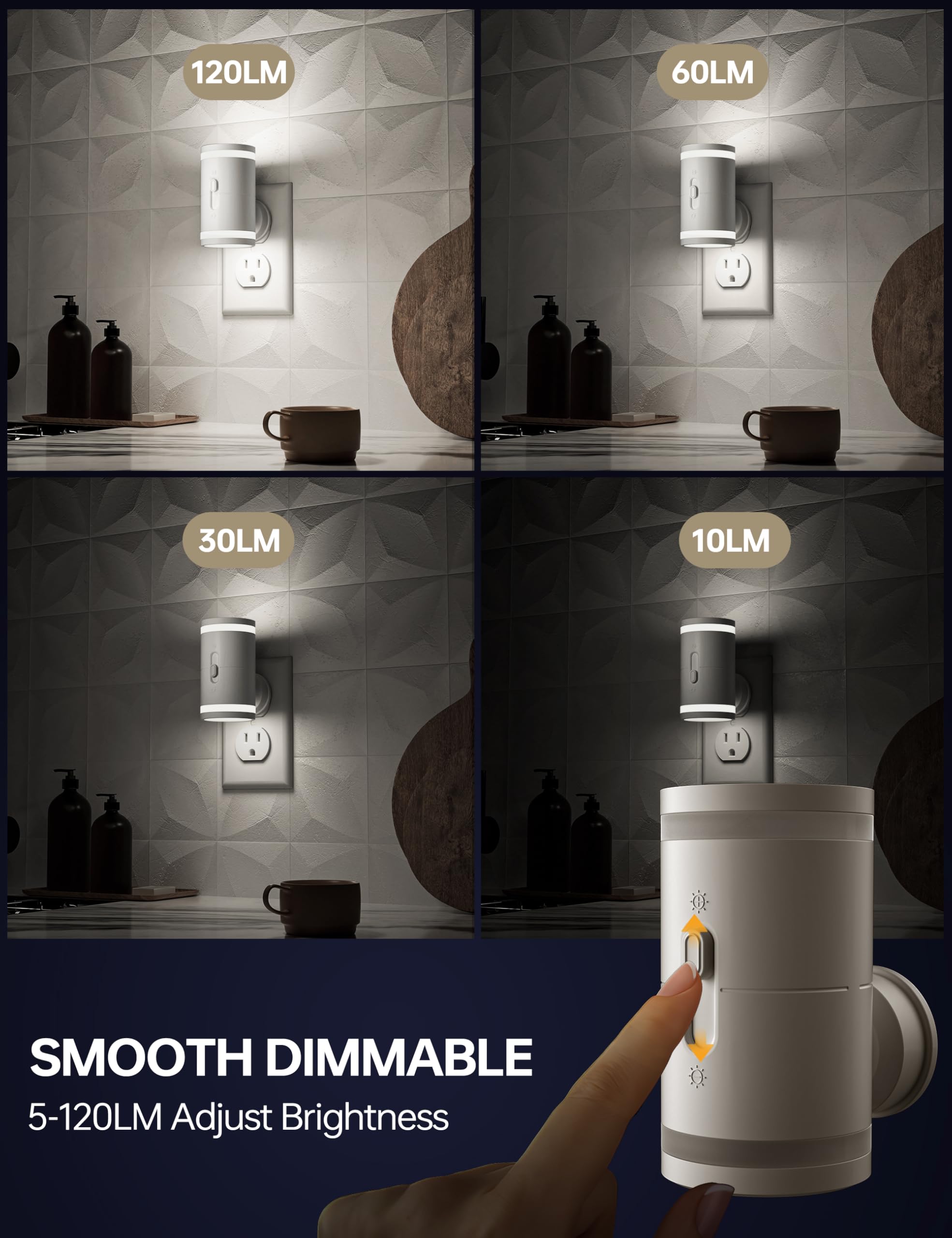 KINDEEP Night Light Plug-in with Dusk to Dawn Sensor, 5000K Daylight White, 5-120LM Adjustable Brightness, 2 Pack
