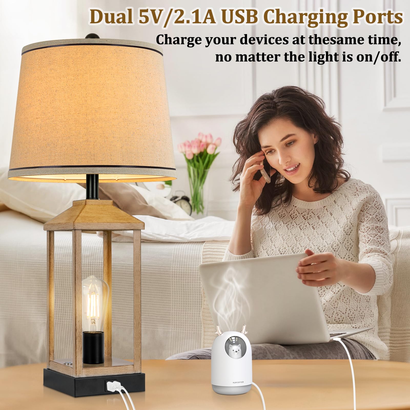 28'' Farmhouse Table Lamp With 2 Light, 3-Way Dimmable Modern Touch Control Nightstand Lamp With Usb Ports For Living Room, Bedr
