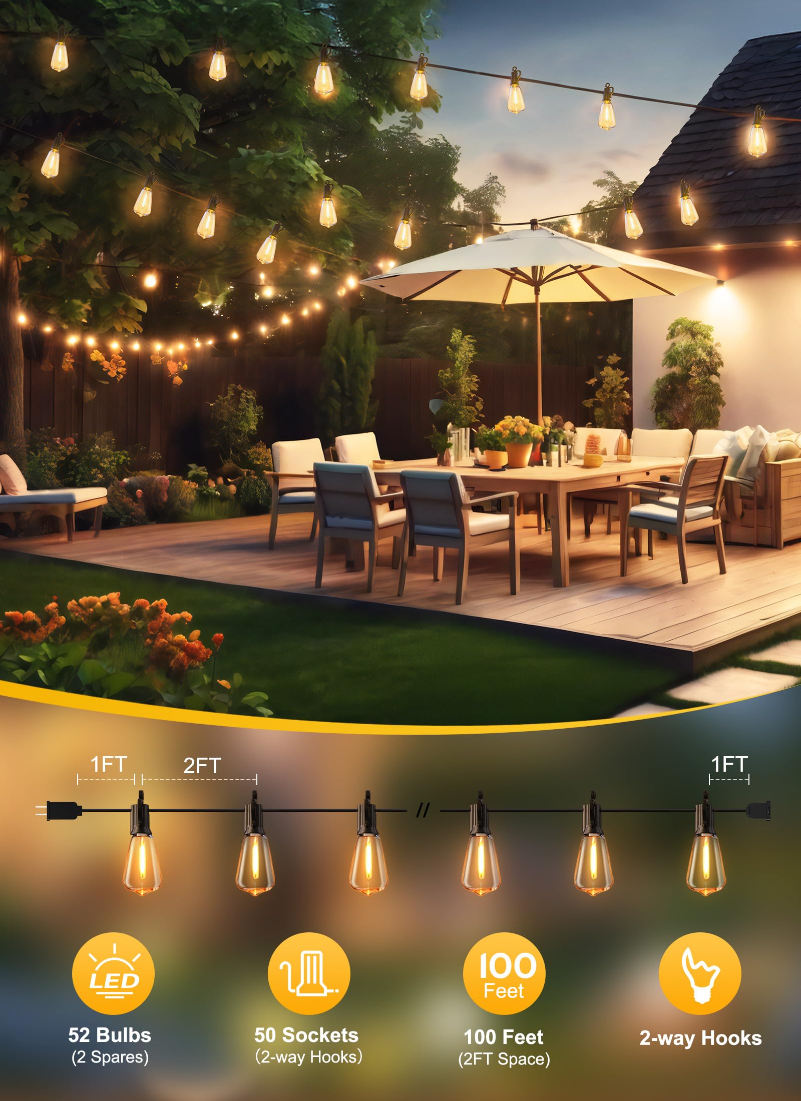 Brightown Outdoor String Lights Led 100Ft Patio Lights With 52 Shatterproof St38 Dimmable Vintage Edison Bulbs, Waterproof Outsi
