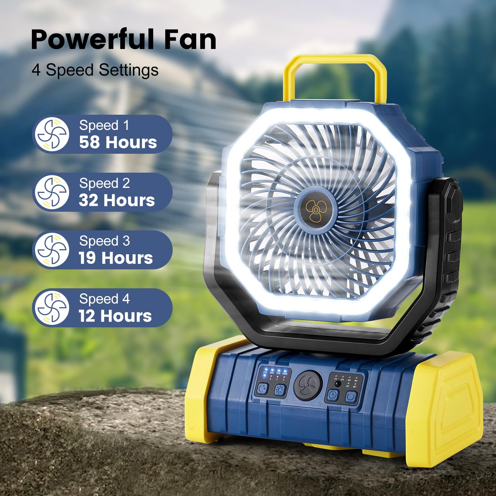 Odoland 30000mAh Camping Fan & LED Lantern, Rechargeable, Oscillating, 9.45x11.42x5.11 inches, Blue, Model OD0671L