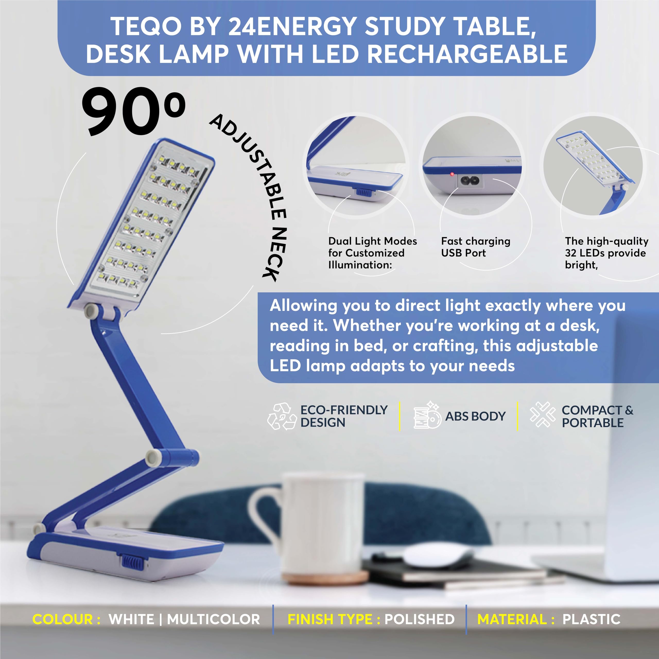TEQO Table/Study/Desk Lamp with Solar Rechargeable, Electric & Solar Charging Support | ABS Body, 32 LEDs| 2 Modes Adjustable De