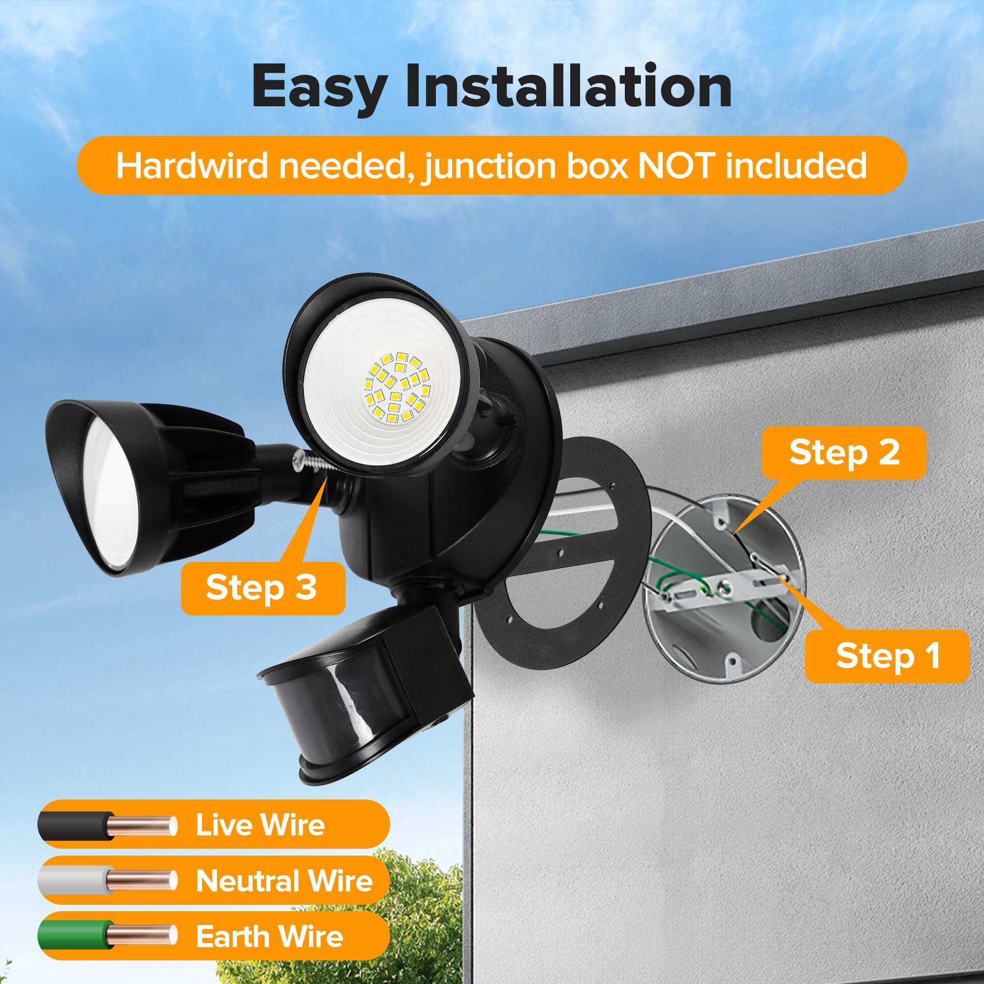 UME LED Security Light - 27W, 3000LM, IP65 Waterproof, Dusk to Dawn, 2 Head Motion Sensor, Outdoor Flood Light, Black