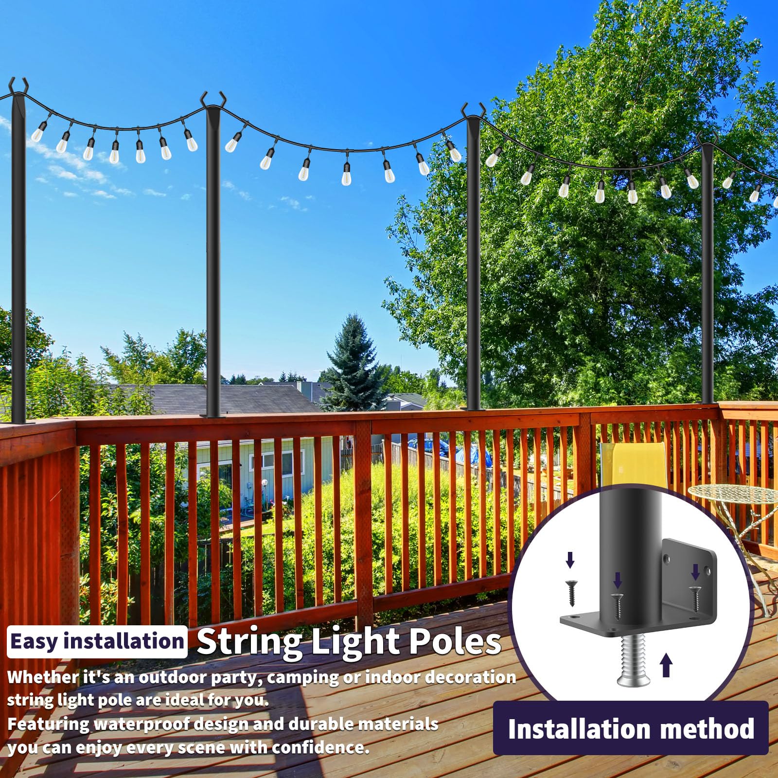 Mutovlin 2 Pack 5FT Metal String Light Poles for Outdoor Use - Black, Includes Fork for Patio and Backyard