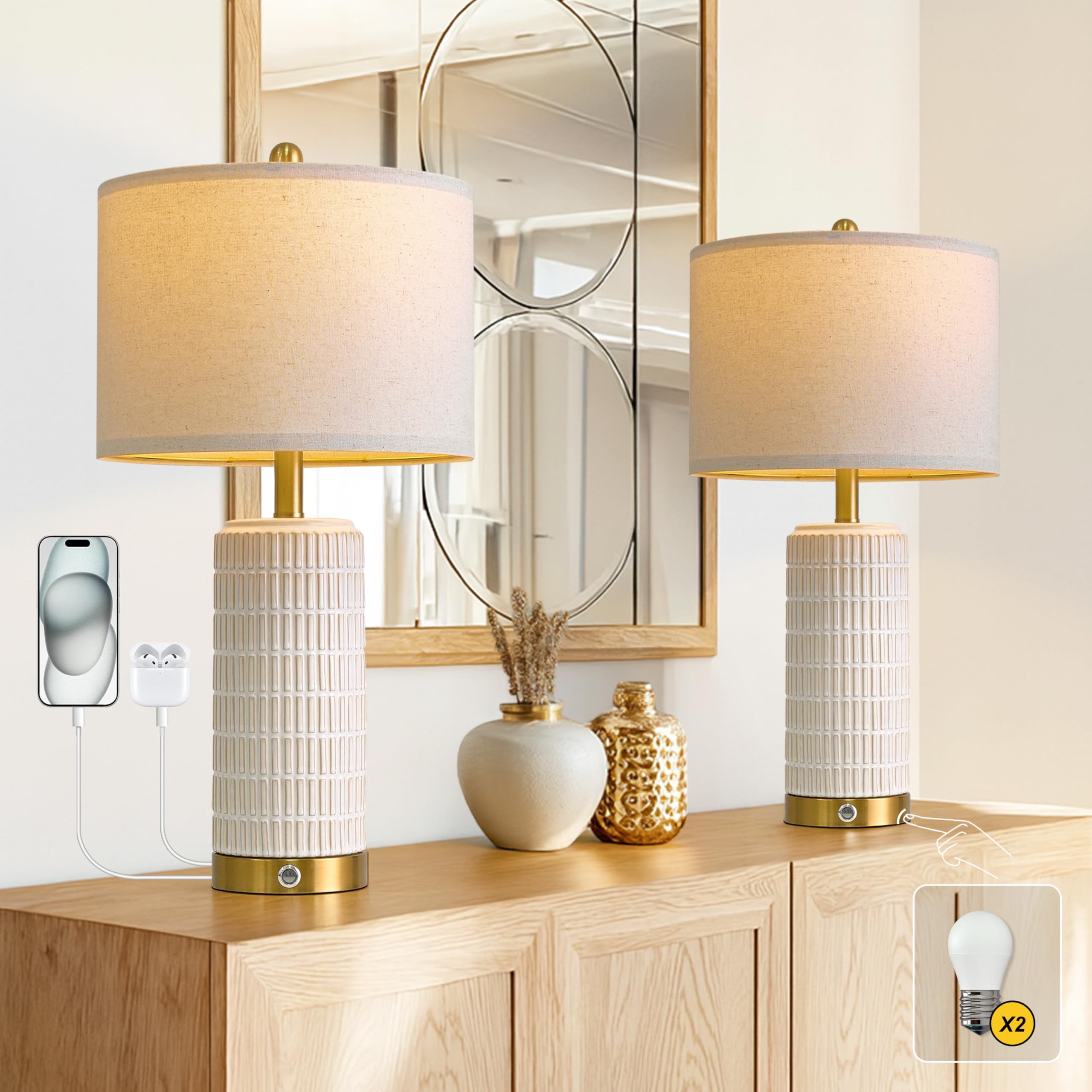 PoKat Touch Bedside Table Lamps with USB Ports for Bedroom Living Room  25 Dimmable Nightstand Touch Lamps for Living Room  Modern Ceramic Lamps for Night Stands Bedroom  Office  White and Beige