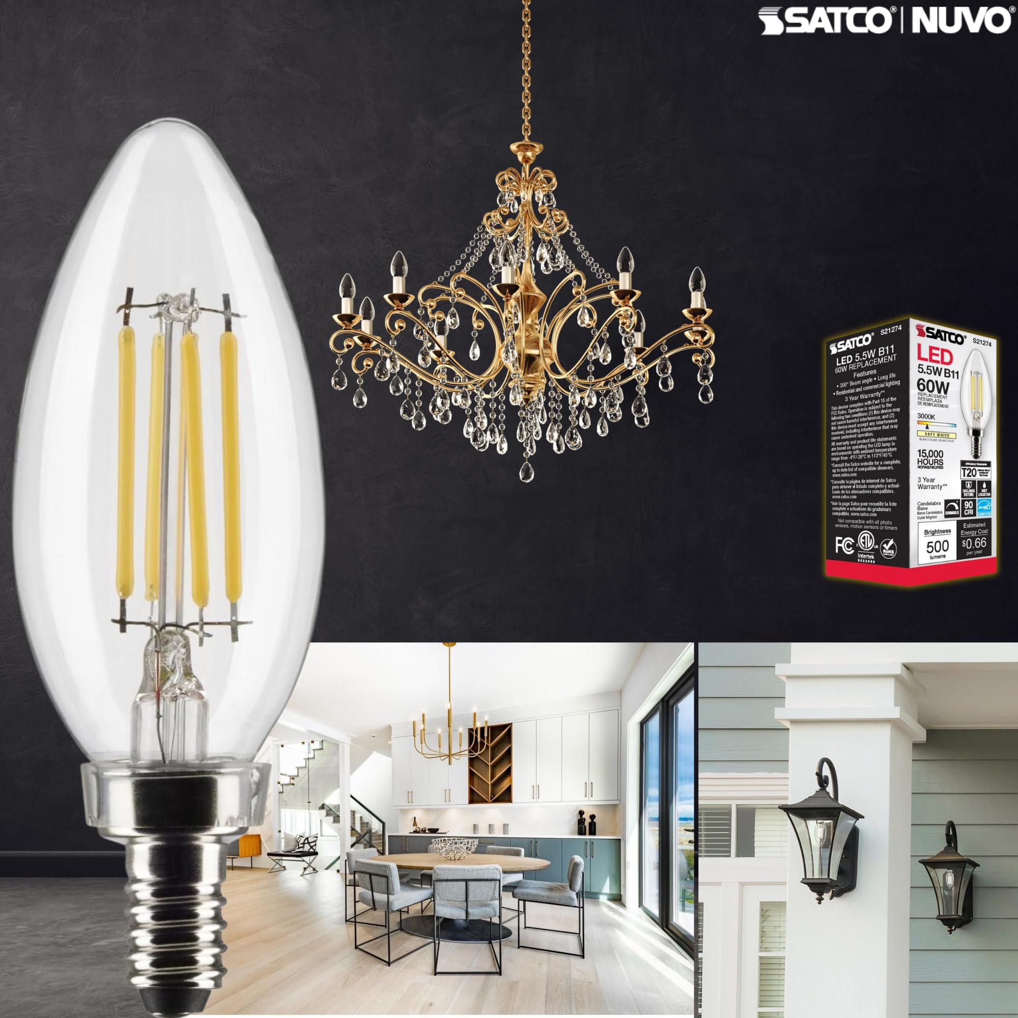 Satco B11 LED Bulb, 5.5 Watt, Warm 3000K, Pack of 2, Glass