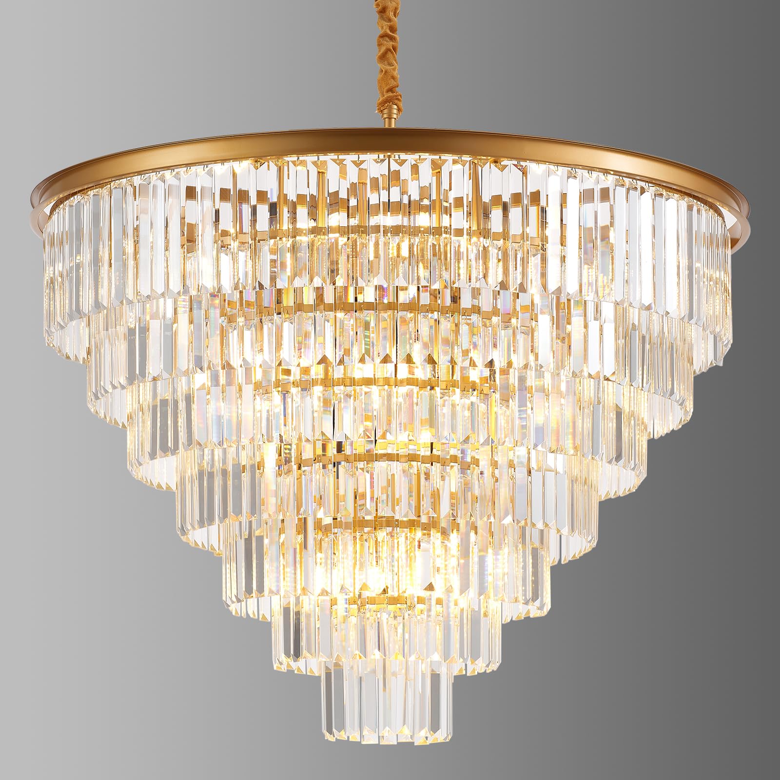 Brfaixla 7-Tiers 22 Lights Gold Crystal Chandelier stylish 35.46 Modern Contemporary Crystal Pendant Ceiling Lighting Crystals Light Fixture For Living Room Hotel Lobby Restaurant Foyer High Ceiling