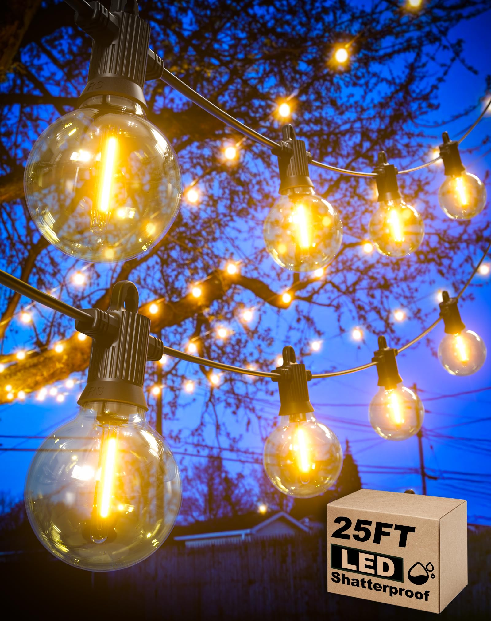 Zuske Outdoor String Lights, 25FT Patio Lights with 13 Shatterproof G40 Globe Bulb(1 Spare), Waterproof Connectable Dimmable LED