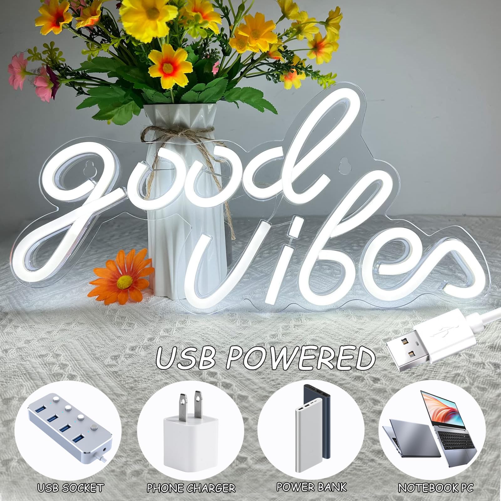 Bernicekelly Good Vibes Neon Sign - White Led Wall Decor For Bedroom & Party, Usb Powered