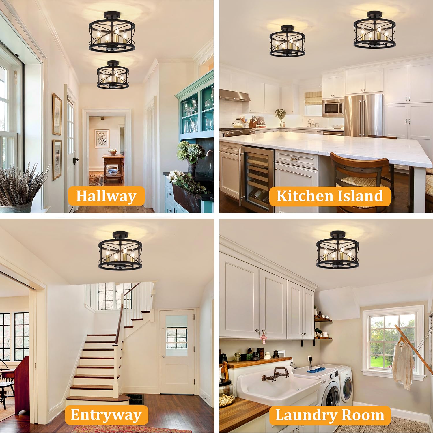 Toulmj 4-Light Modern Ceiling Light, Black Gold Semi Flush Mount Ceiling Light, Hallway Light Fixtures For Kitchen Island Entryw