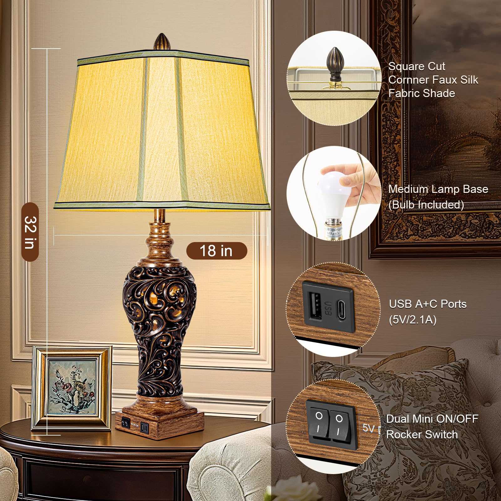 32'' Tall Rustic Vintage Table Lamps Set Of 2 With Night Lights - Bedside Lamp With Faux Silk Shades For Bedroom And Living Room