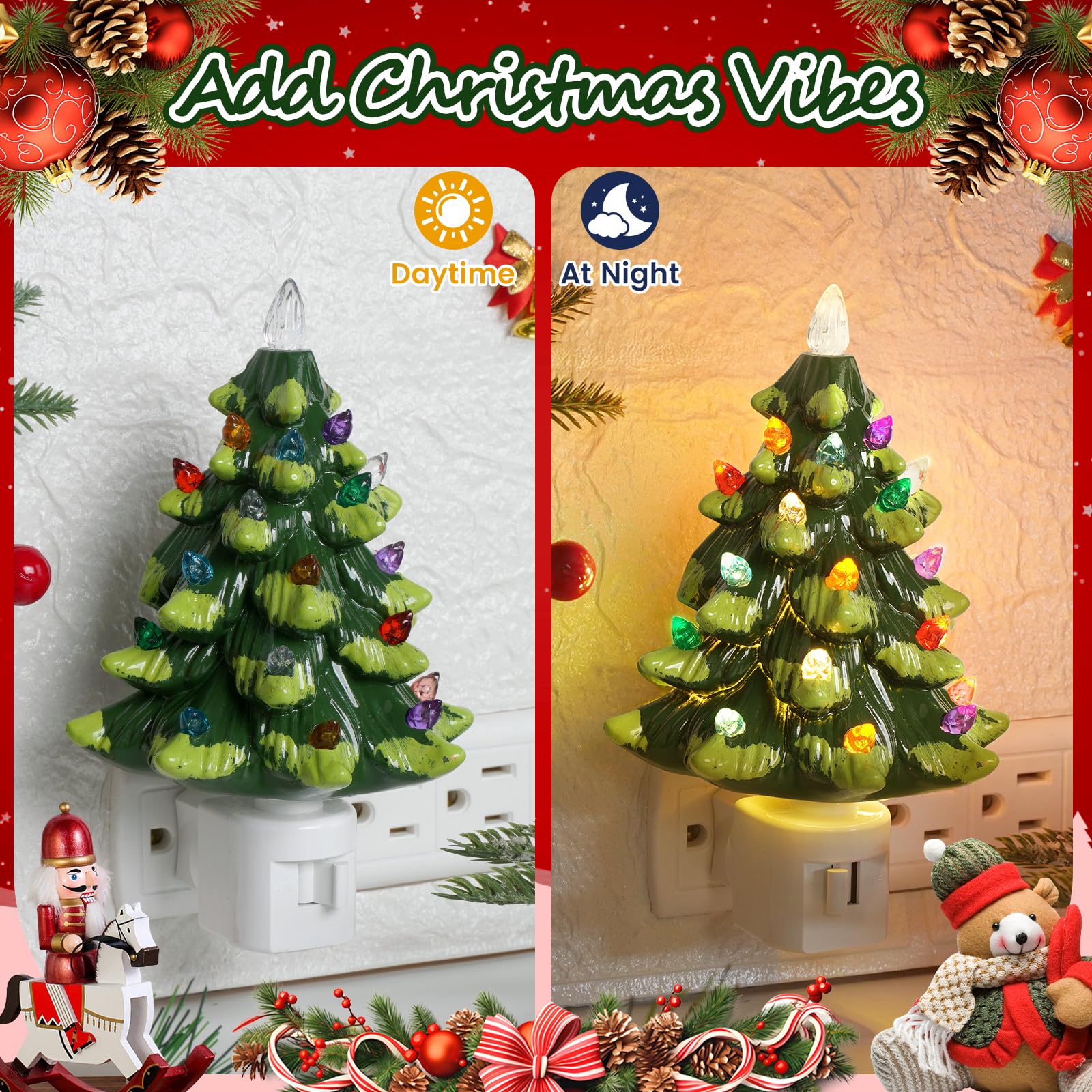 Lakumu 2-Pack Christmas Tree Night Lights, 20 Multicolored LED, Resin, Green Teardrop Topper, Model FH2025004-GR