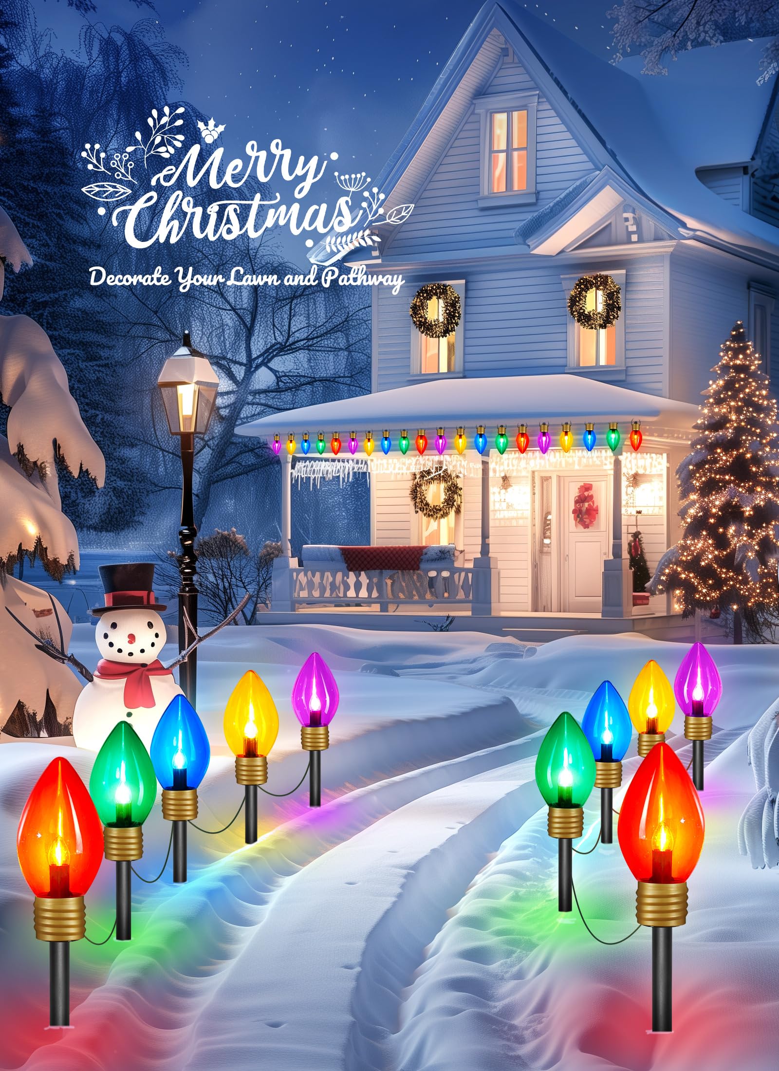 Minetom Christmas Lights Jumbo C9 Outdoor Lawn Decorations, 10.5ft, 4 Pack, Multicolor PVC Bulbs with Pathway Marker Stakes