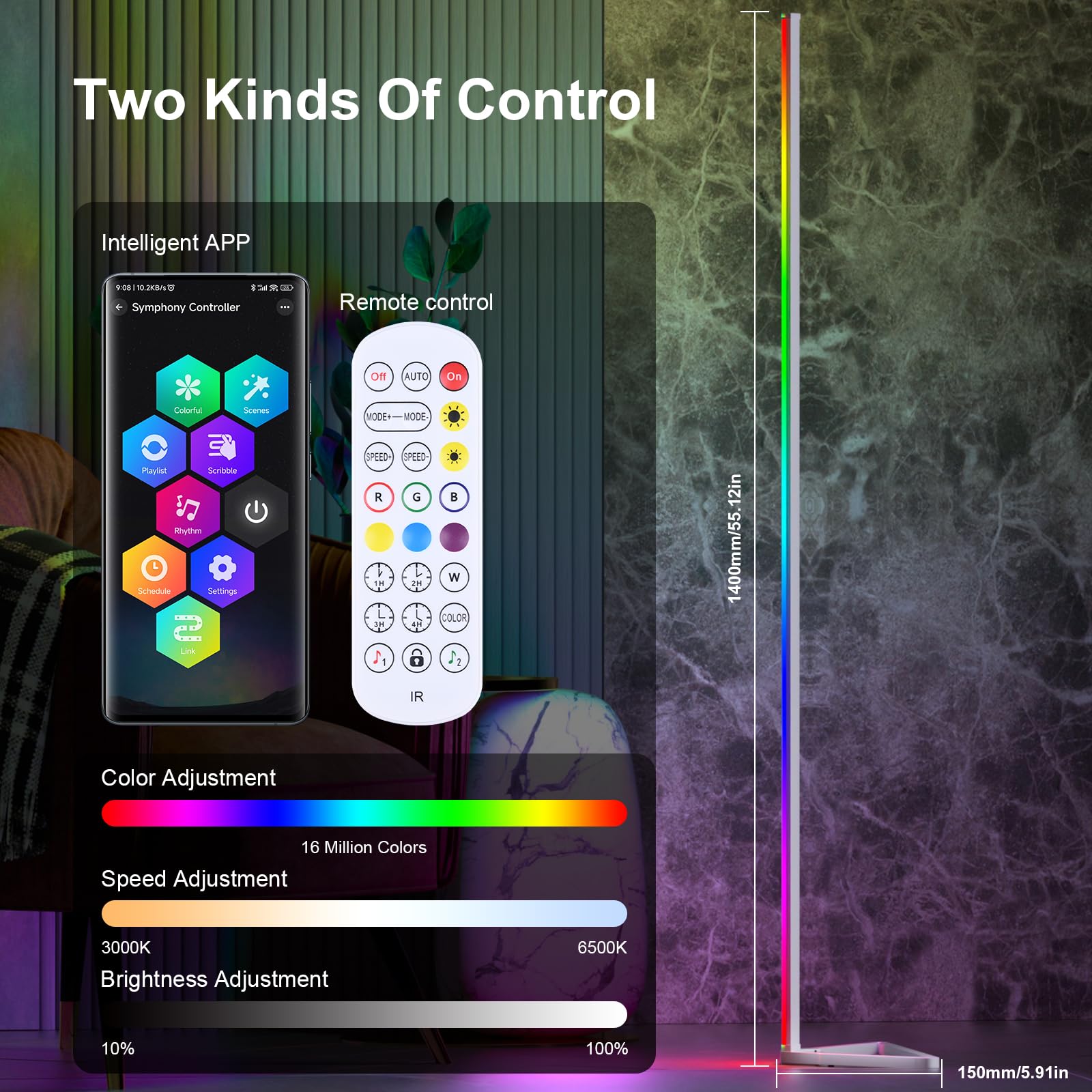MIHEAL RGB Floor Lamp - 56" LED Music Sync Standing Lamp, 16 Million Colors, Remote Control, White, Model ZJ-BWCG-RGB-R24B1