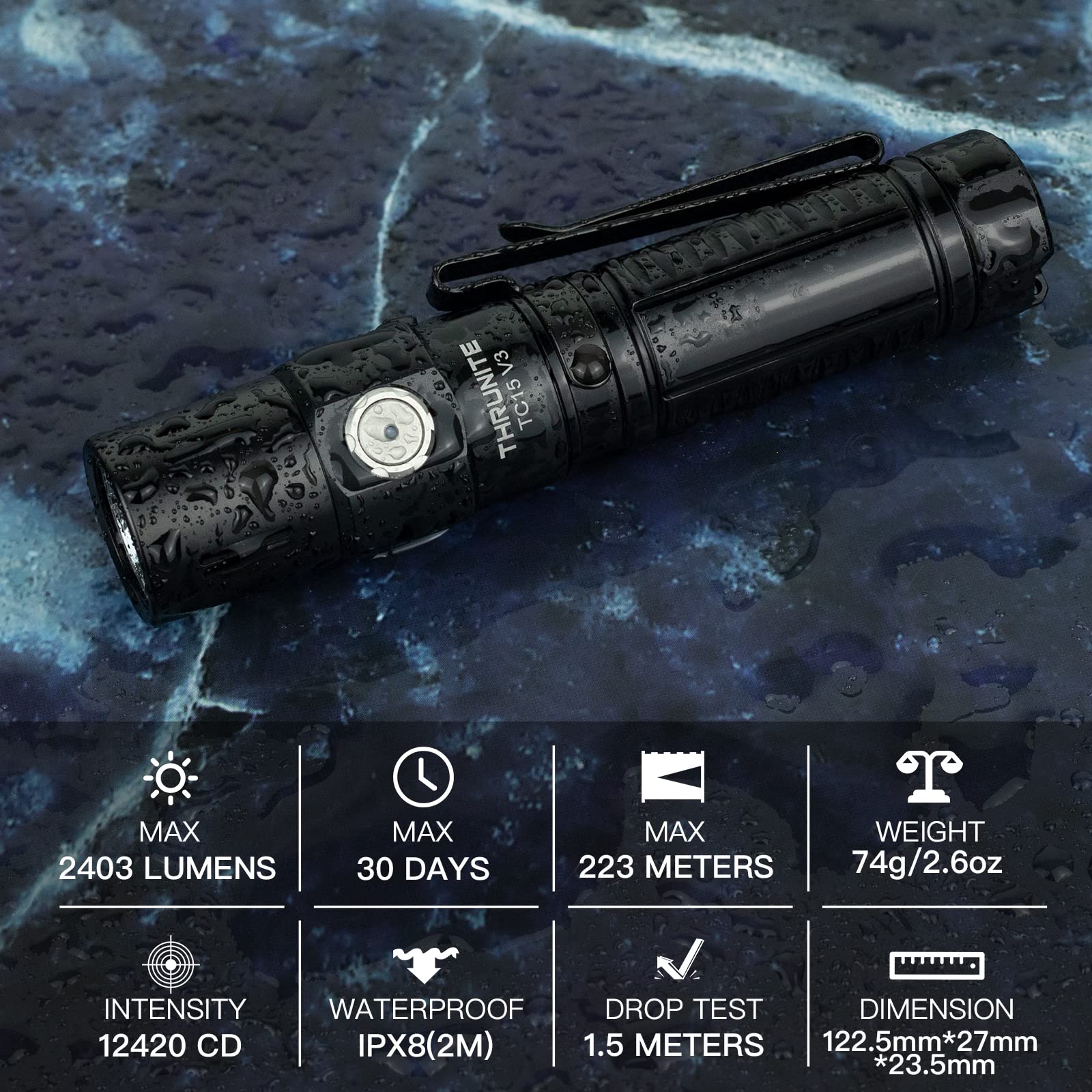 ThruNite TC15 V3 Rechargeable Flashlight, 2403 Lumens, Pocket Size, Aluminum, Black Neutral White