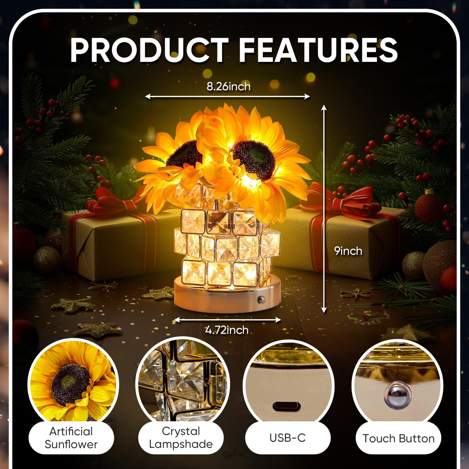 Bassi Sunflower Table Lamp, Flower Touch Lamp For Nightstand, Cordless 3 Brightness Dimmable Battery Powered Small Night Light,