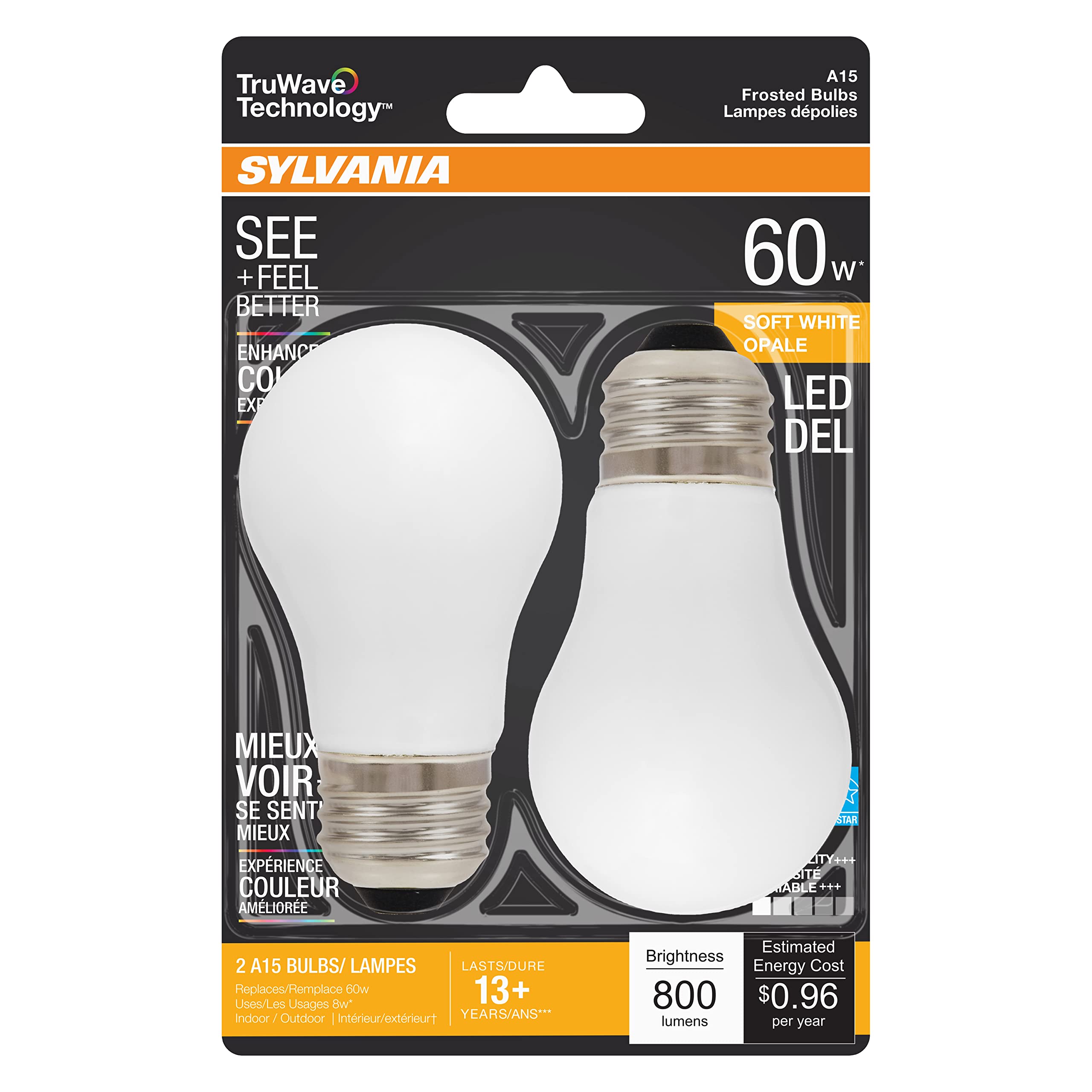 LEDVANCE SYLVANIA LED Ceiling Fan Bulb, 60W A15, Dimmable, Frosted, Soft White, 2 Count, Model 40763