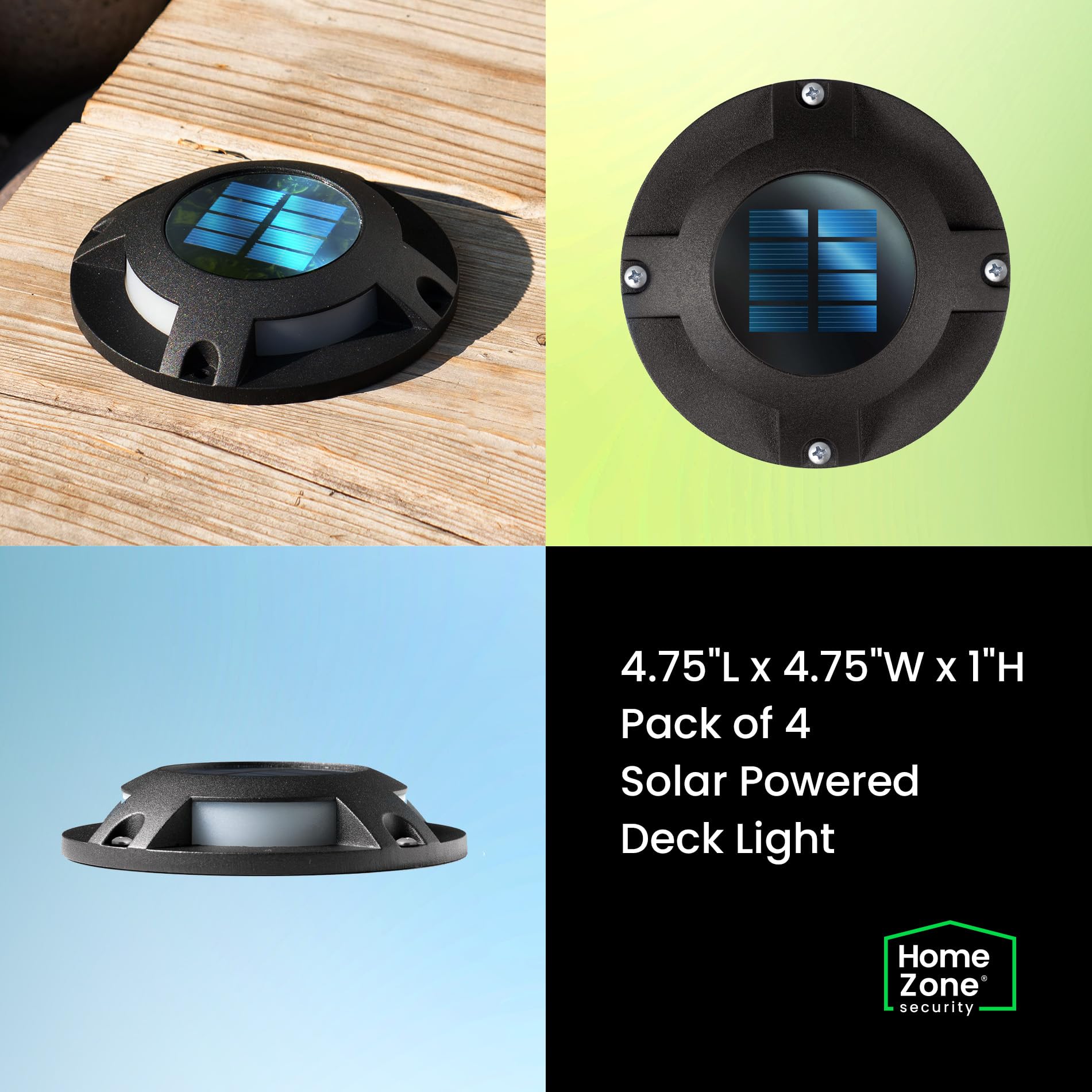Home Zone Solar Deck Light 4-Pack, 20 Lumens, Waterproof, Auto On Sensor, Durable Aluminum, Black, ELJ6538V