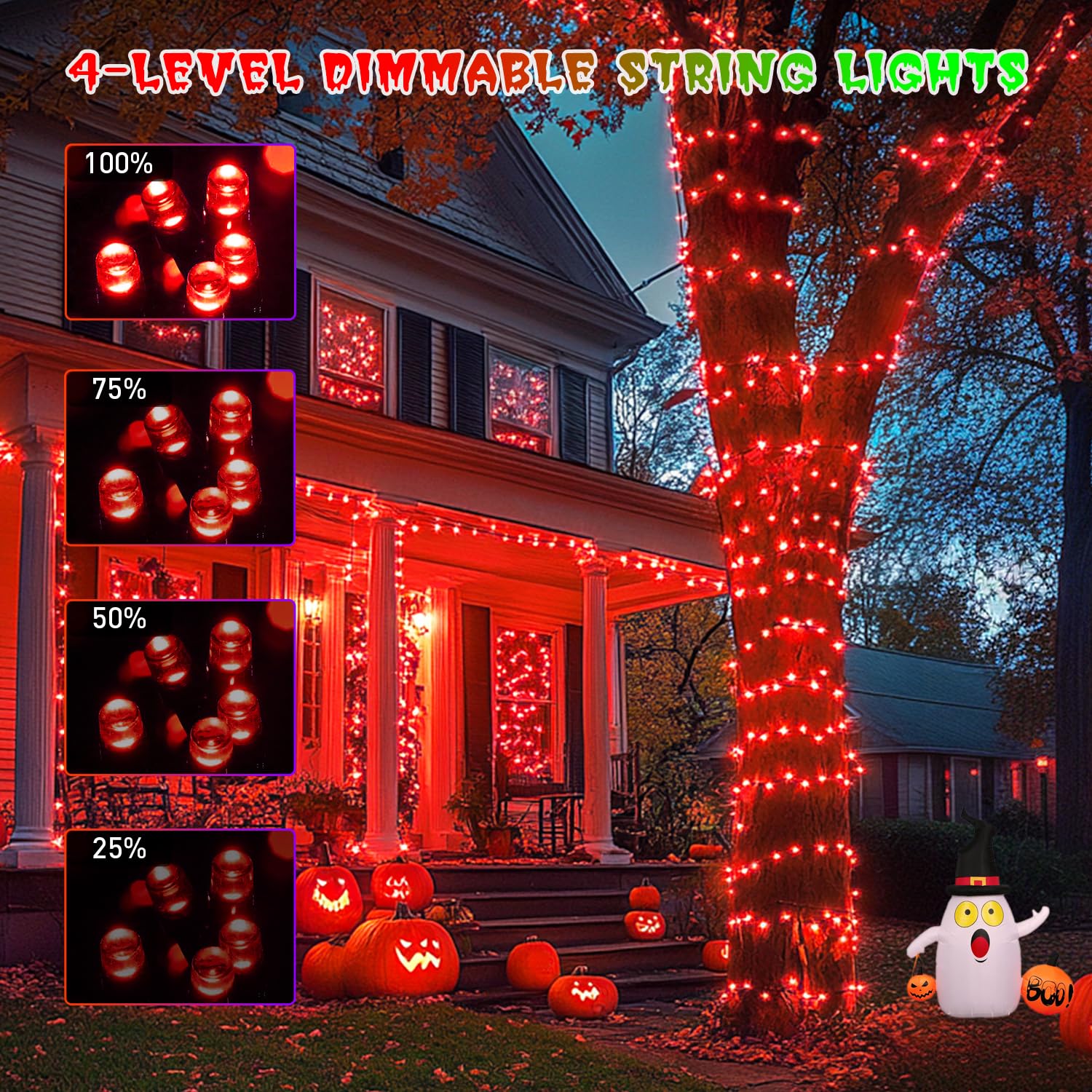 JMEXSUSS Halloween String Lights, 500 LED, 11 Modes, Red & Green, Plug-in, 173ft, for Indoor/Outdoor Party Decor