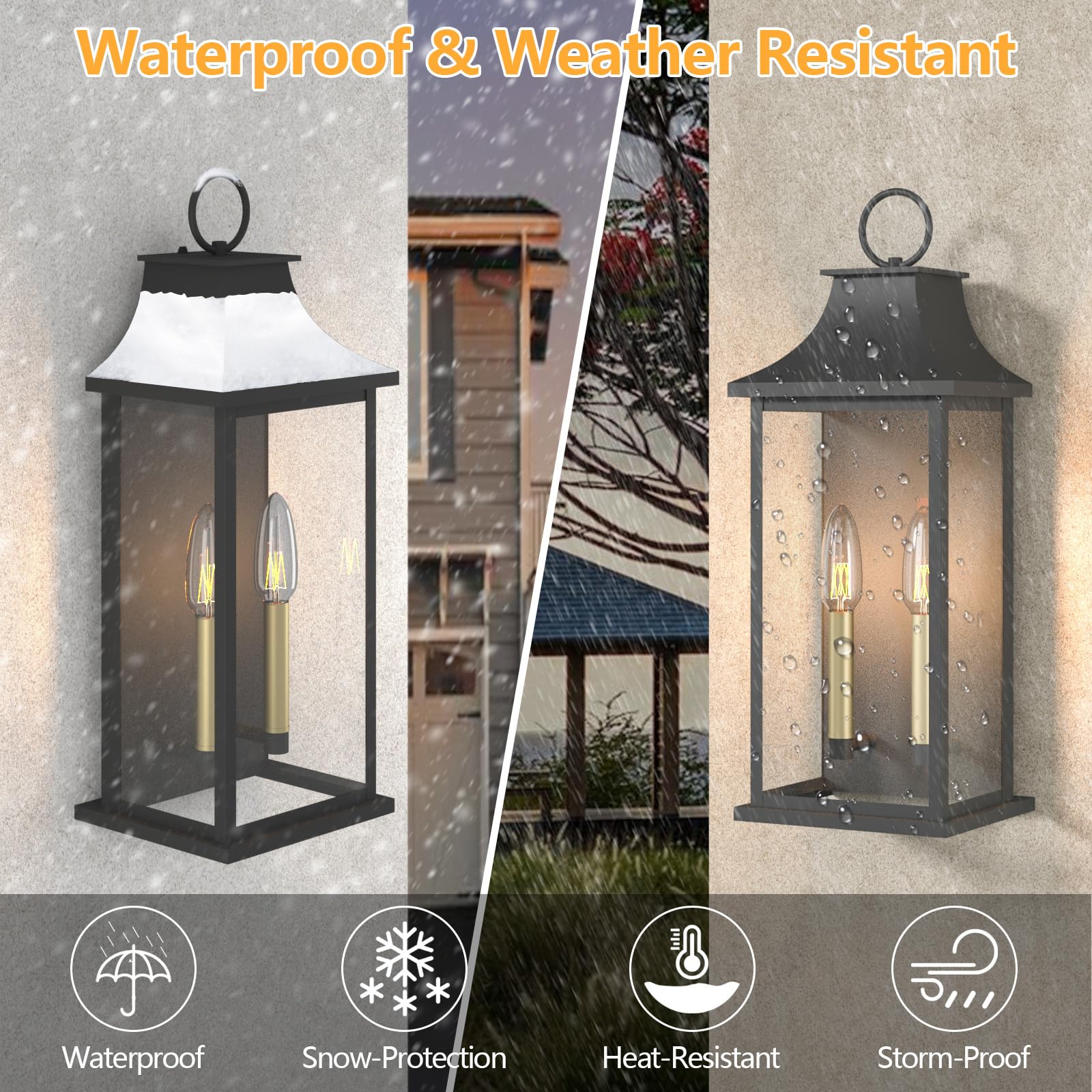 Lawyettle 21" Dusk to Dawn Outdoor Wall Lantern, Black Metal Sconce, Waterproof 2-Light Fixture for House, Porch, Garage - Model XG7008O-W2BK