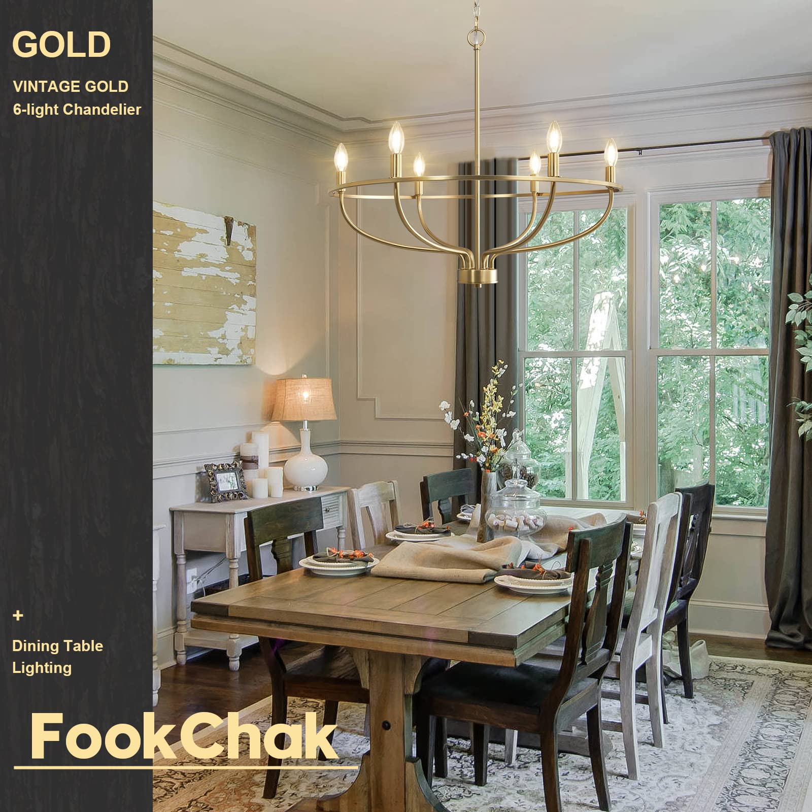 FookChak 6-Light Gold Chandelier, 29in Brushed Brass Light Fixture for Dining Room, Hallway, and Living Room