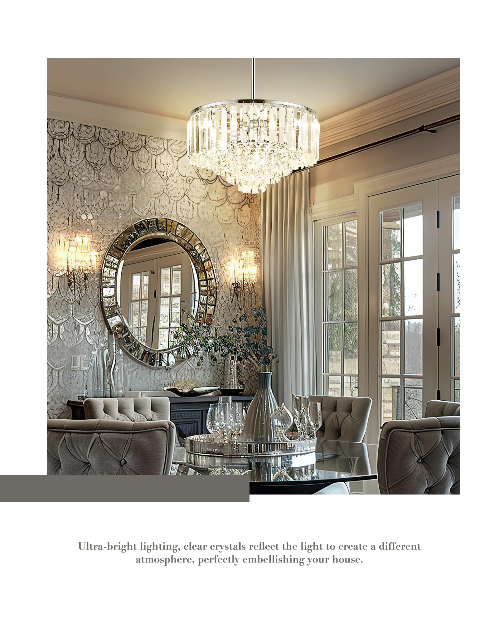 Cargifak 15'' Crystal Chandelier - 5-Tier Modern Pendant Light, Polished Chrome Finish for Dining Room, Kitchen, Bedroom, Entryway, CKCC4215-5W