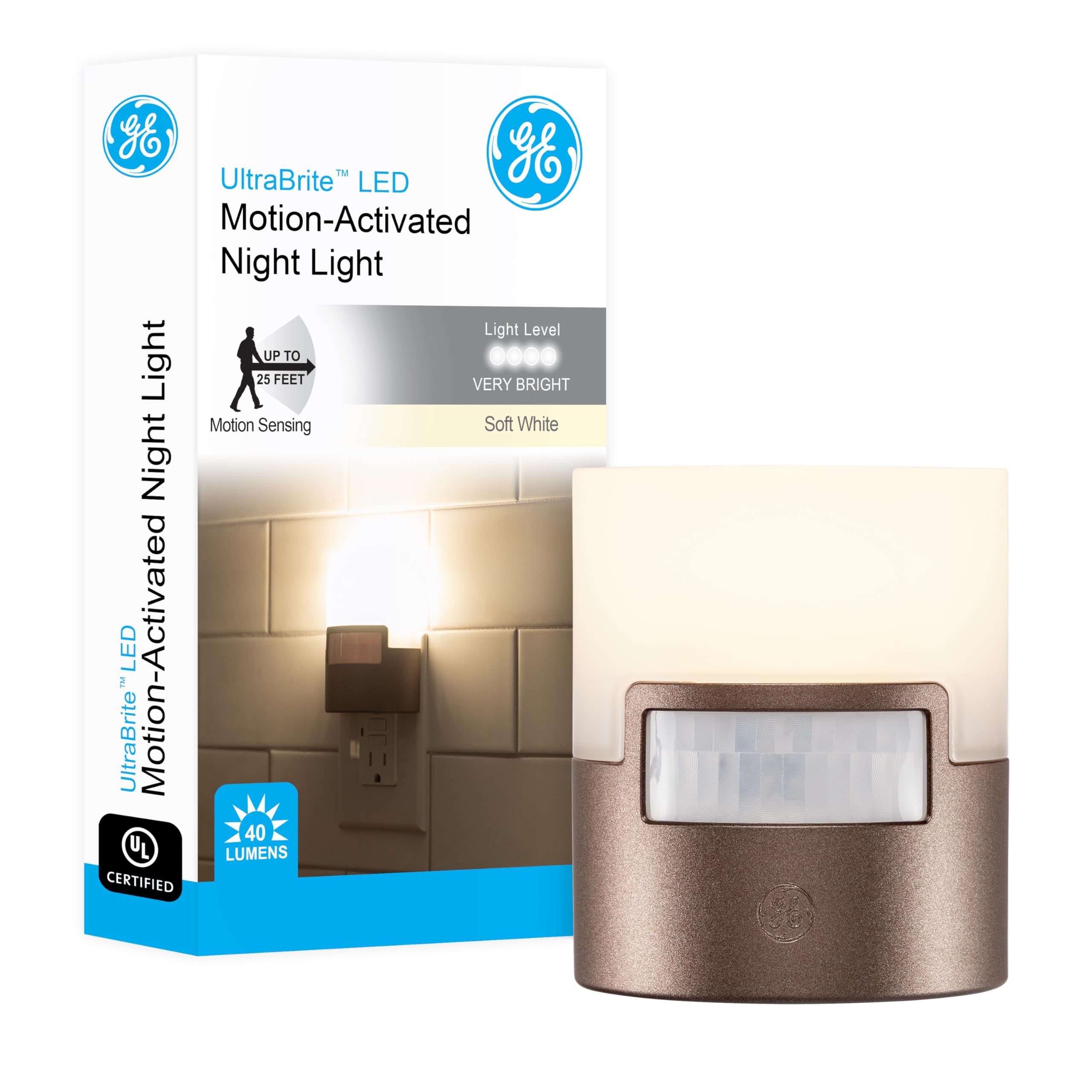 GE LED Motion Sensor Night Light, 40 Lumens, Plastic, Bronze, 1 Pack, Model 26140