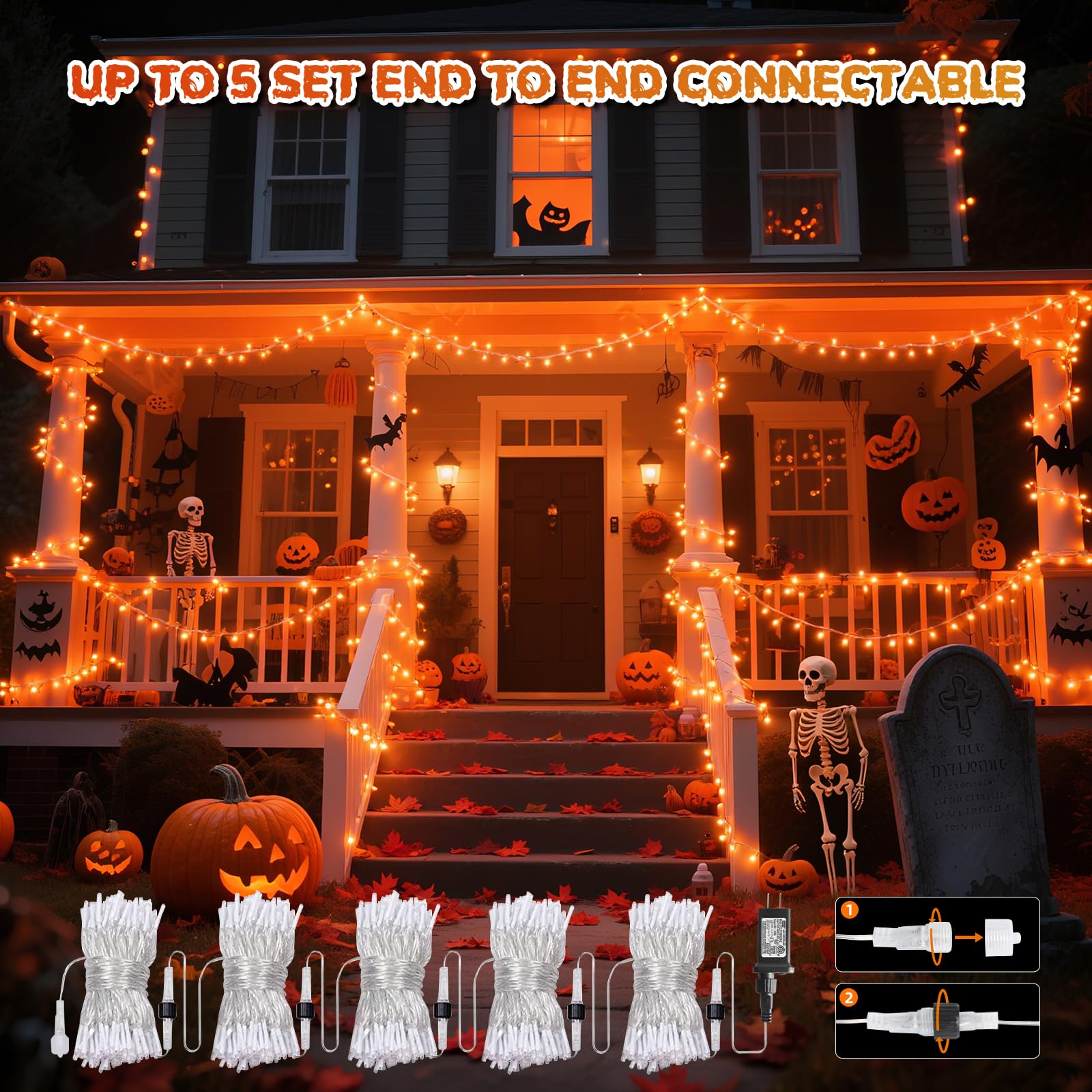 VTECHOLOGY 200LED Orange Christmas Lights, 66FT Connectable String Lights, 8 Modes, Indoor Outdoor Decor, Clear Wire, Model QL300IE