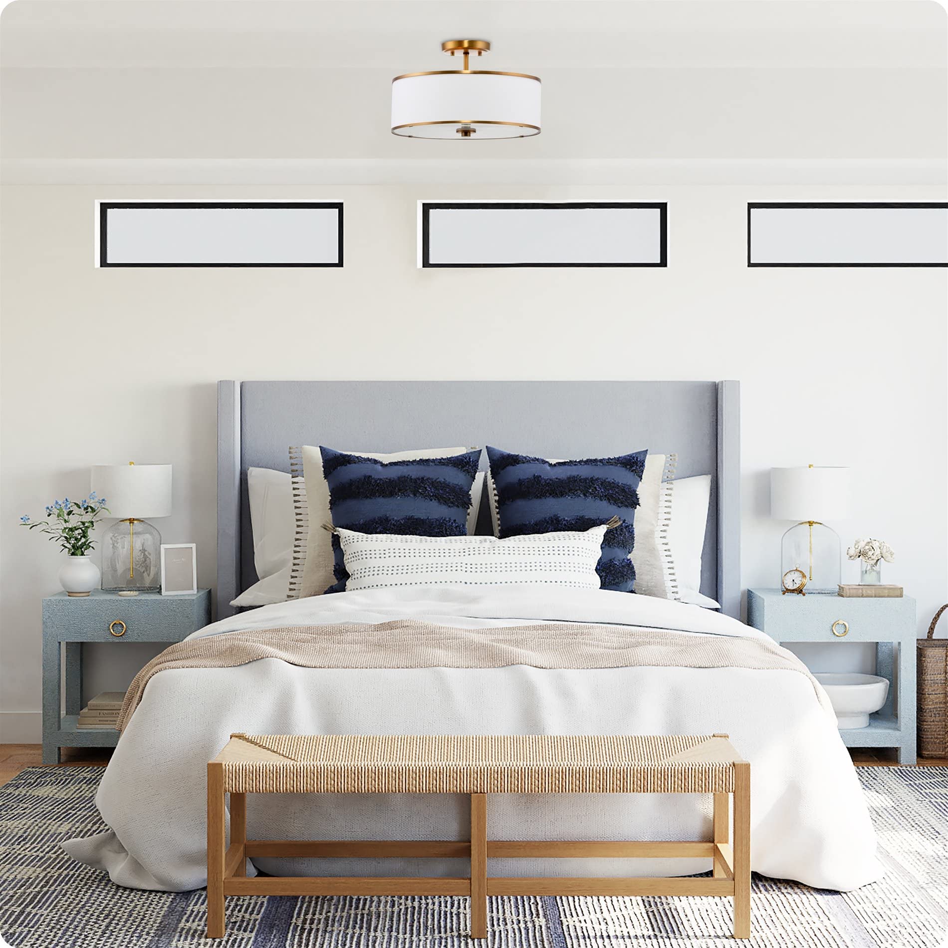 Kira Home Chloe 15in Retro Modern 3-Light Semi-Flush Mount Ceiling Light, Warm Brass, Fabric/Metal, Model RV-CSF117-2494-WB-WT