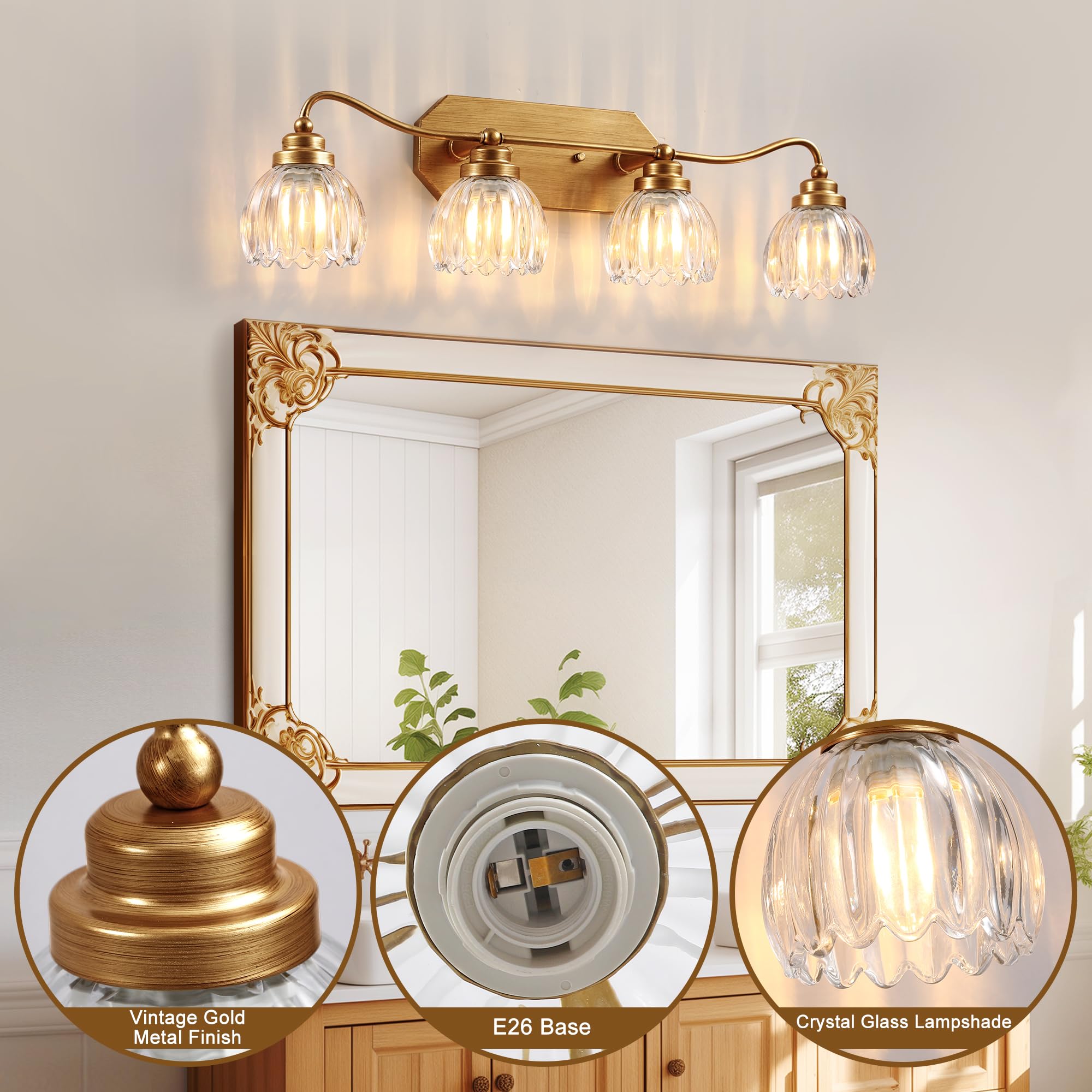 Cmnvmn Vintage Bathroom Light Fixtures  4 Light Gold Bathroom Vanity Light  Matte Antique Brass Finish With Crystal Glass Shade  Wall Sconces Lighting For Bedroom  Living Room  Hallway