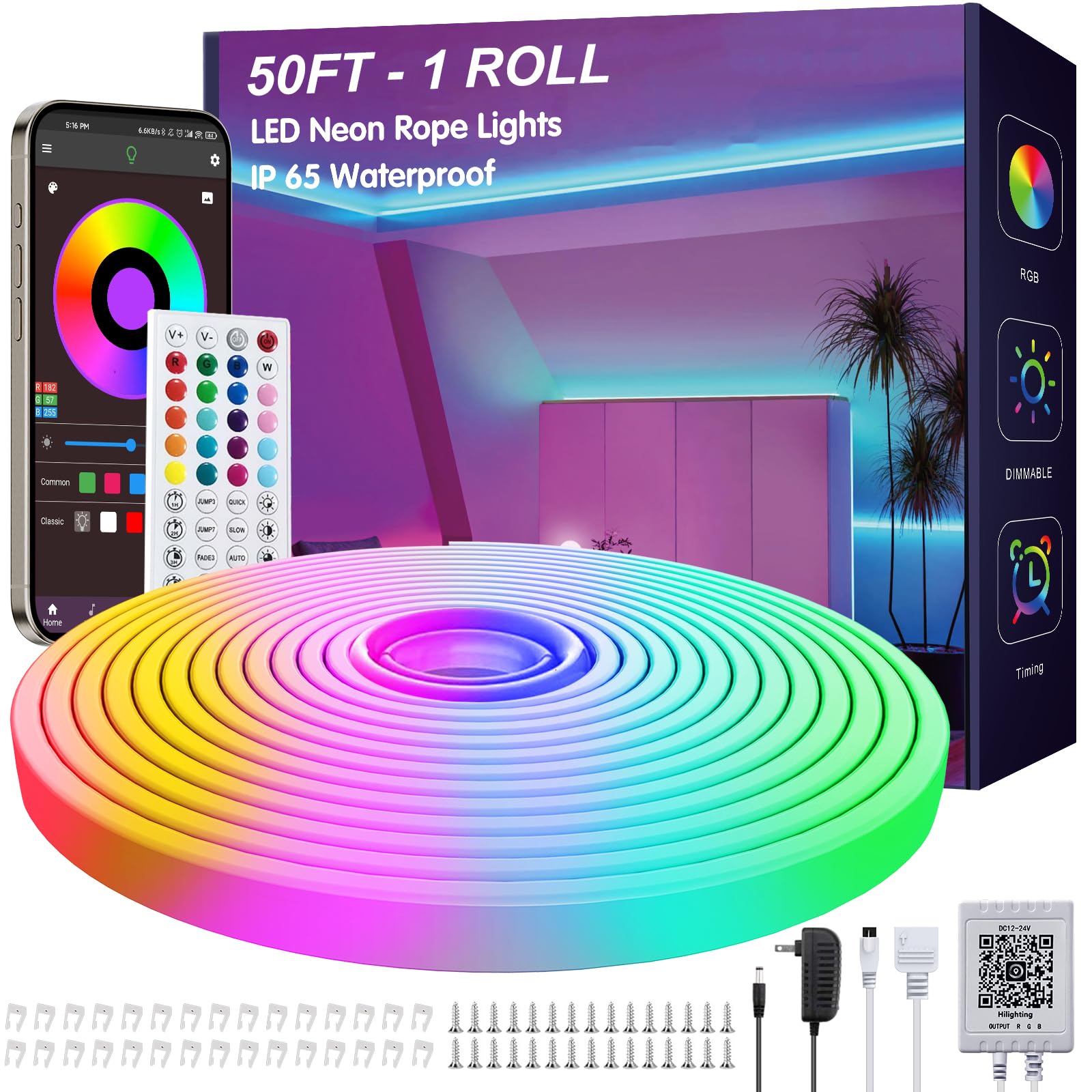 Ledagic 50Ft Led Neon Rope Lights With App And Remote Control, Ip65 Waterproof Neon Strip Lights For Outdoor Indoor, Diy Design Flexible Led Rope Lights For Bedroom, Living, Gaming, Party Decor