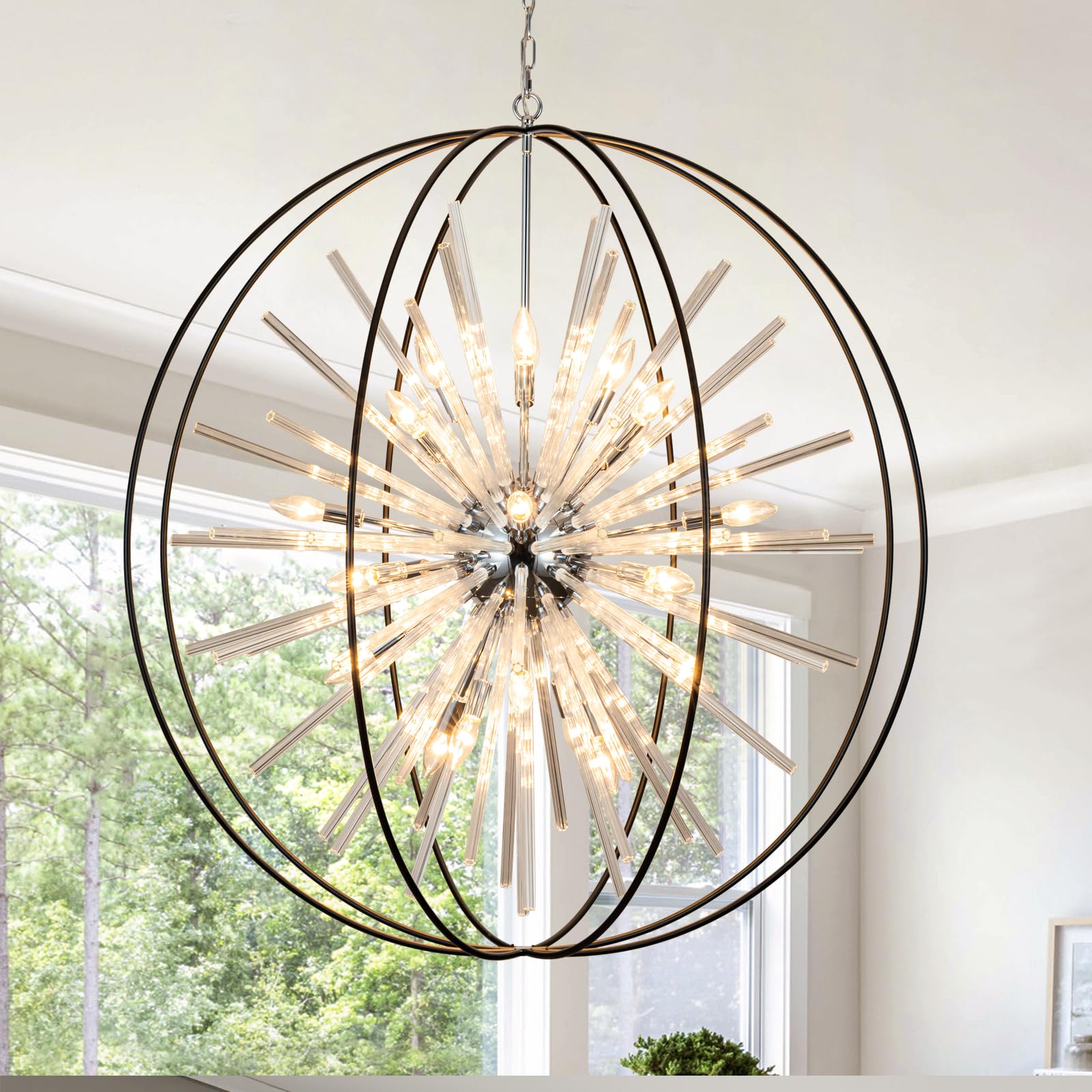 Vezzio 42'' Extra Large Black Modern Entryway Foyer Chandelier 24 Light Big Globe Crystal Sputnik Chandeliers for High Ceilings 
