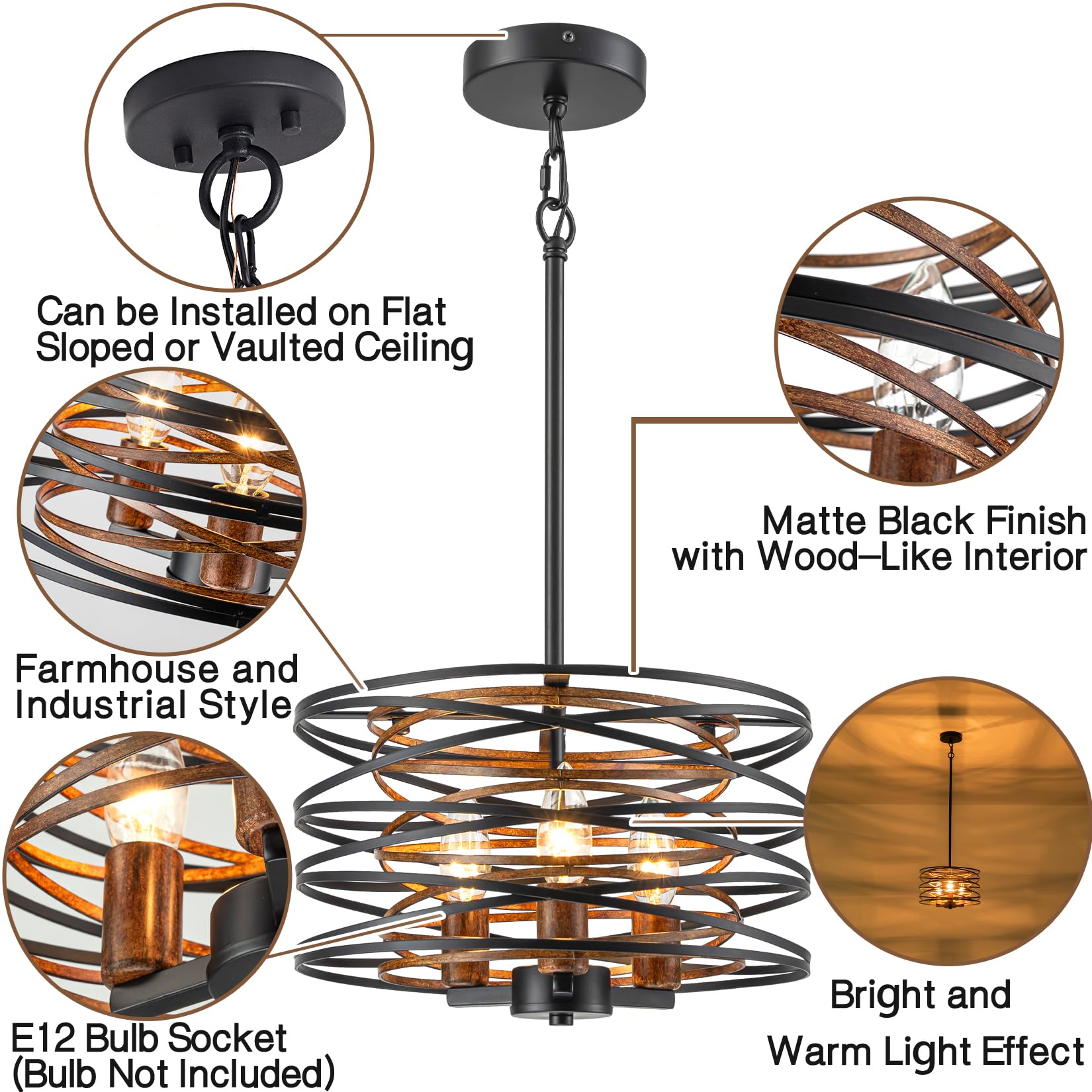 Bargeni 13" Chandelier - Matte Black Metal Light Fixture with Wood Texture Interior, Adjustable Height for Dining Room, Kitchen, Living Room