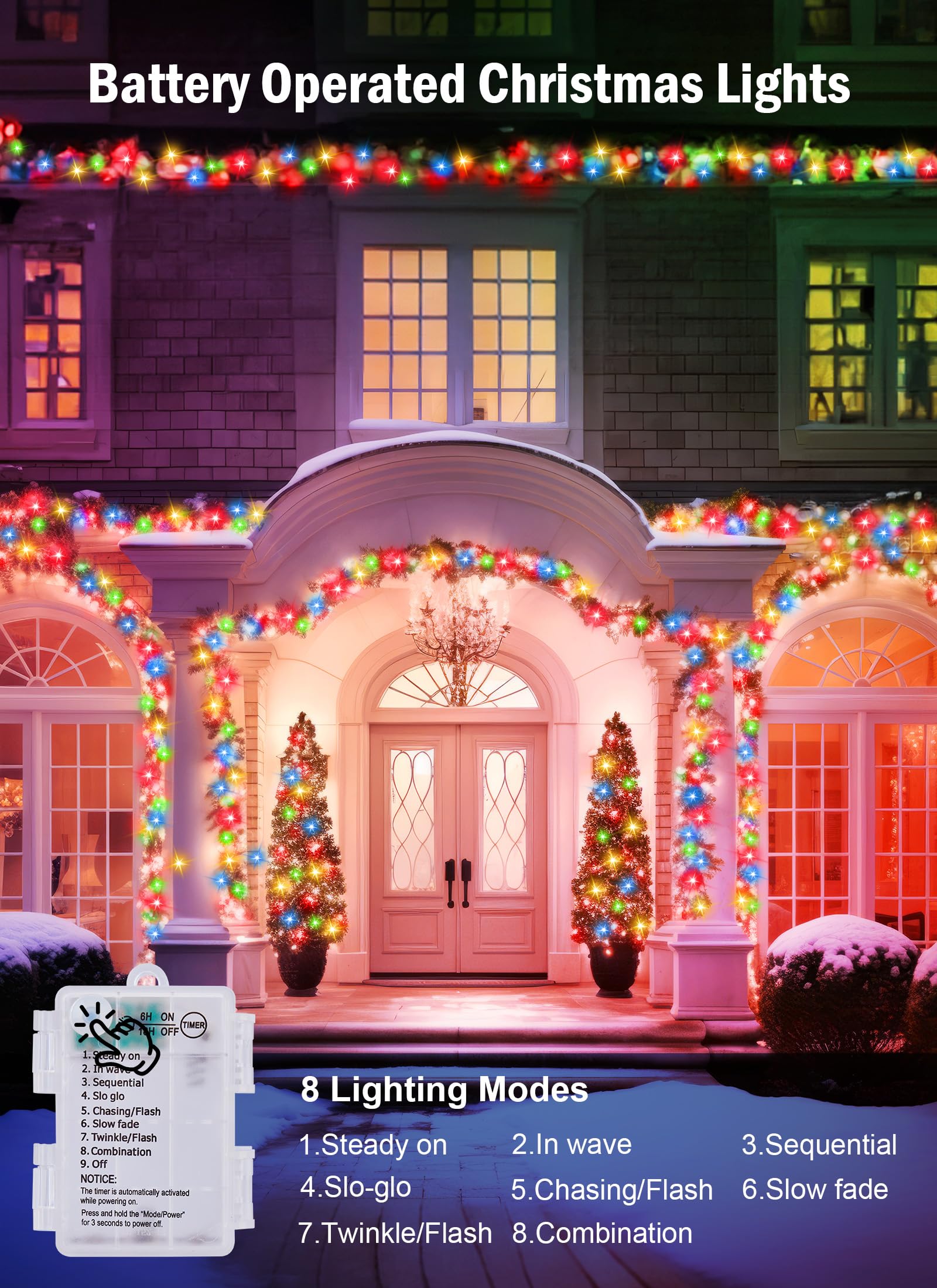 Minetom Christmas String Lights, 200 LED, 66FT, Battery Operated, 8 Modes, Waterproof, Multicolor, 4 Pack
