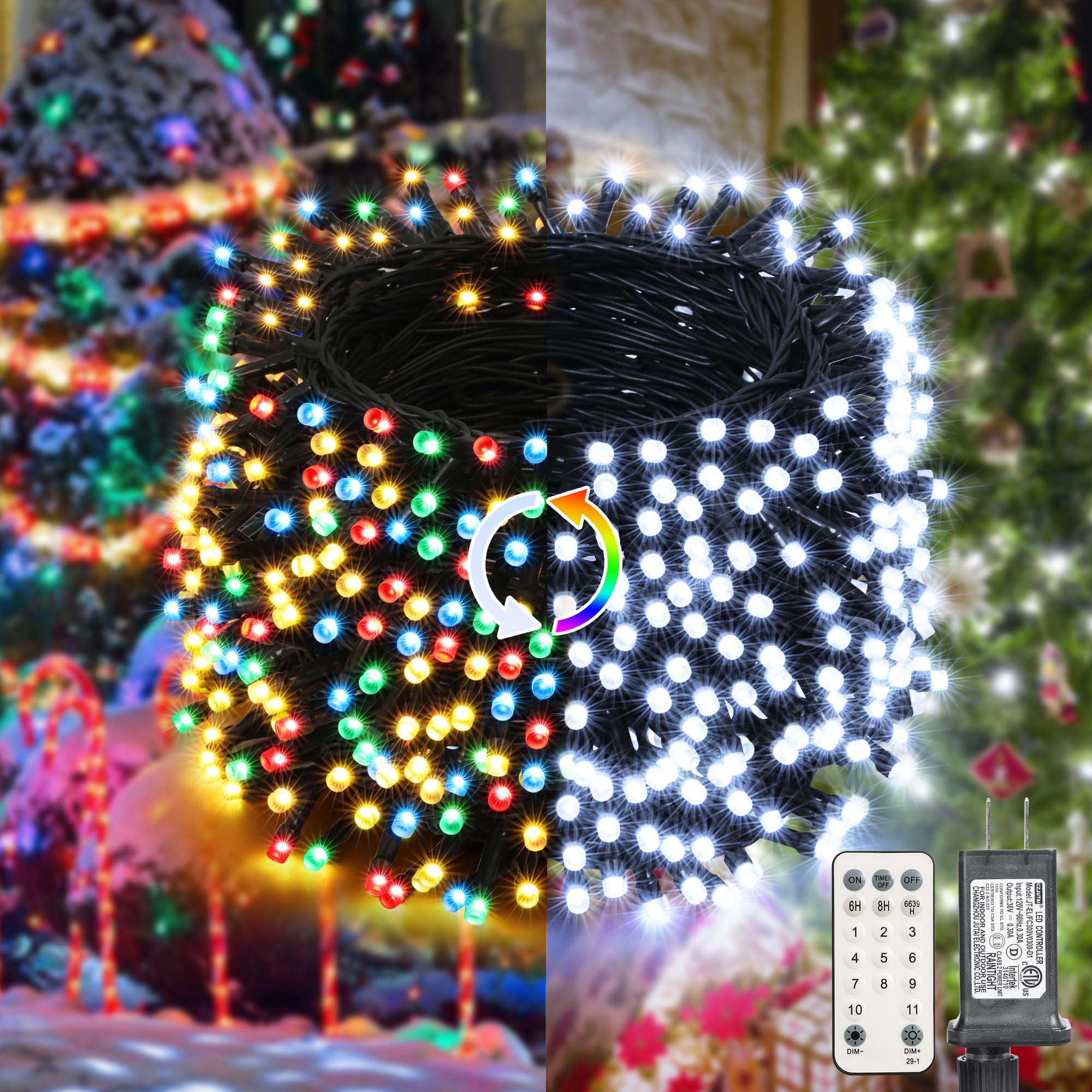 LYHOPE Christmas Fairy Lights, 300 LED, 98.4ft, Remote Control, Clear White & Multi Color, Model JT-EL/FC300V0200-C