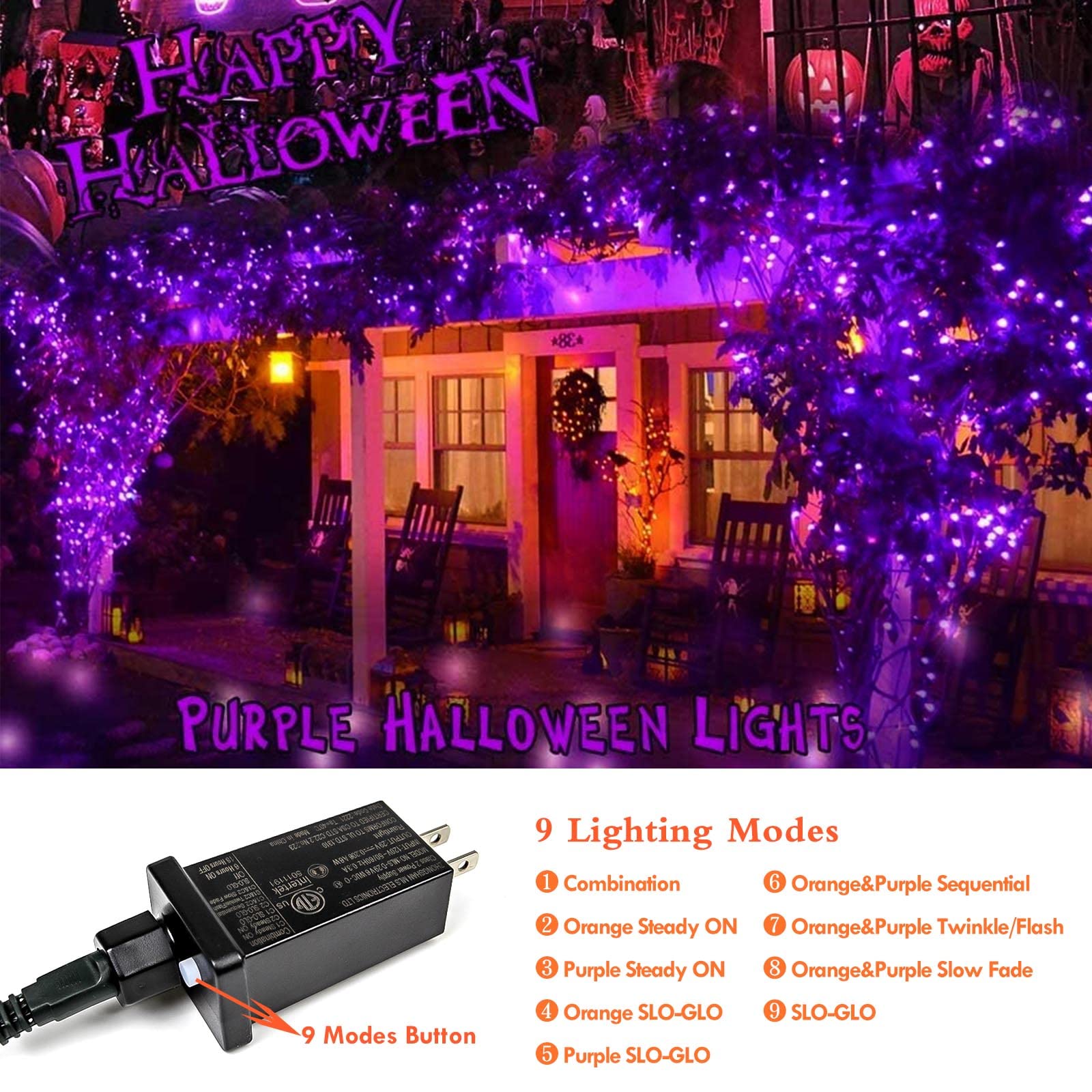 SANJICHA 66FT 200 LED Halloween Lights, Color Changing Orange to Purple, 9 Lighting Modes, Timer, Model MLS-D-02900207-SW