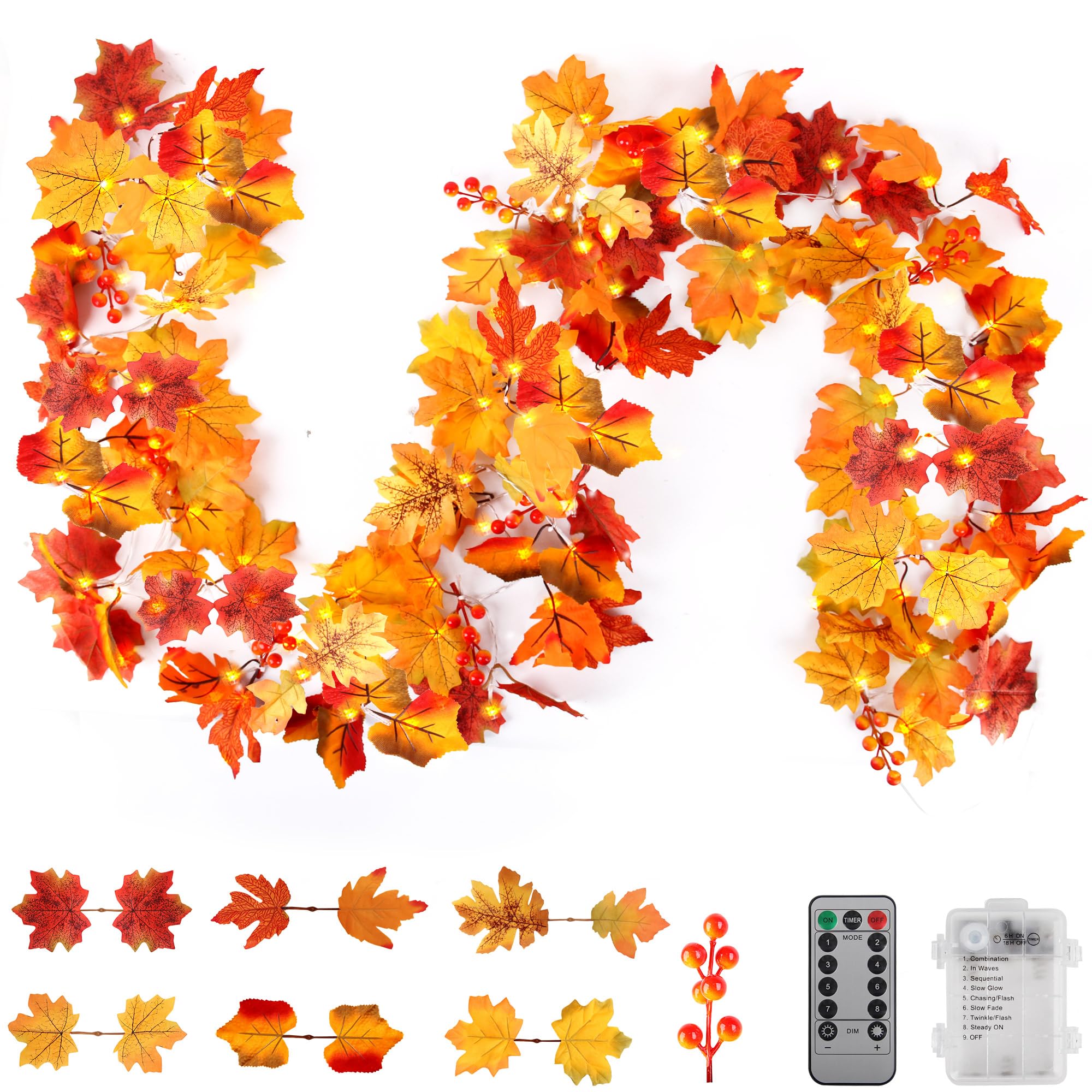 Thanksgiving Decorations Fall Garland String Lights with Timer and Remote, 50 LED 16.4Ft Lighted Autumn Leaves Garlands Decor, Battery Operated Fall Lights for Home Decoration Party Indoor Mantle
