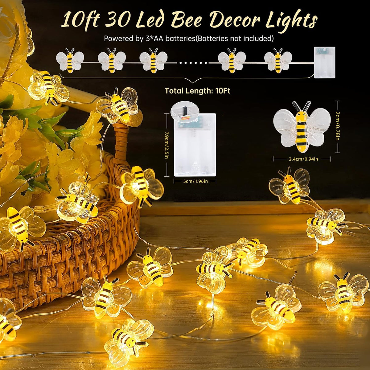 Led Light Bee Yoitomehy Bee Lights Bee Bumble Decor 10Ft 30 Led Battery Operated Bee ...