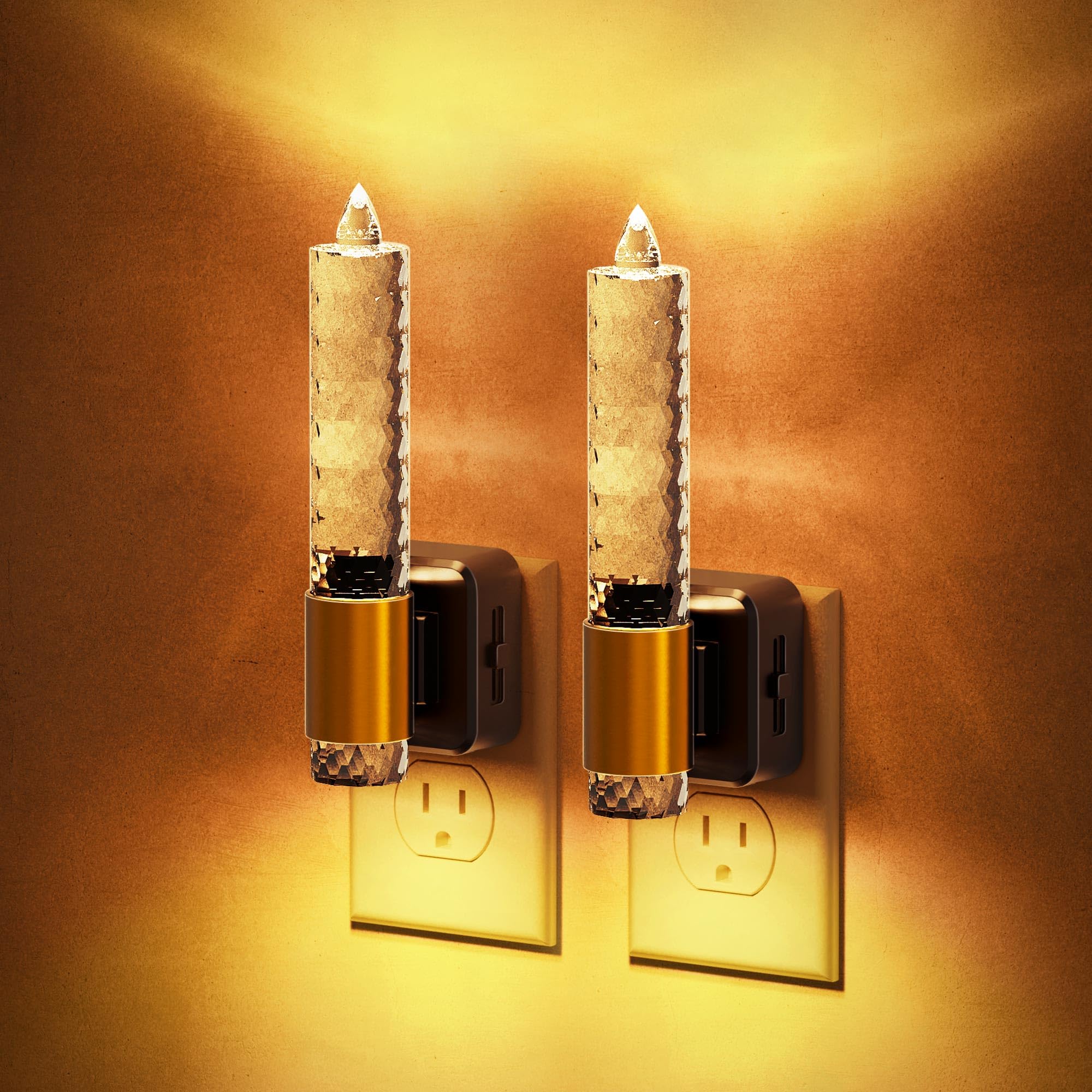JandCase Night Light  Flameless Candle Amber Night Lights Plug into Wall 2 Pack  Auto On/Off Light Sensor Crystal Dimmable LED Nightlight  0-100LM Decorative nite Light for For Mature Userss Bathroom Hallway
