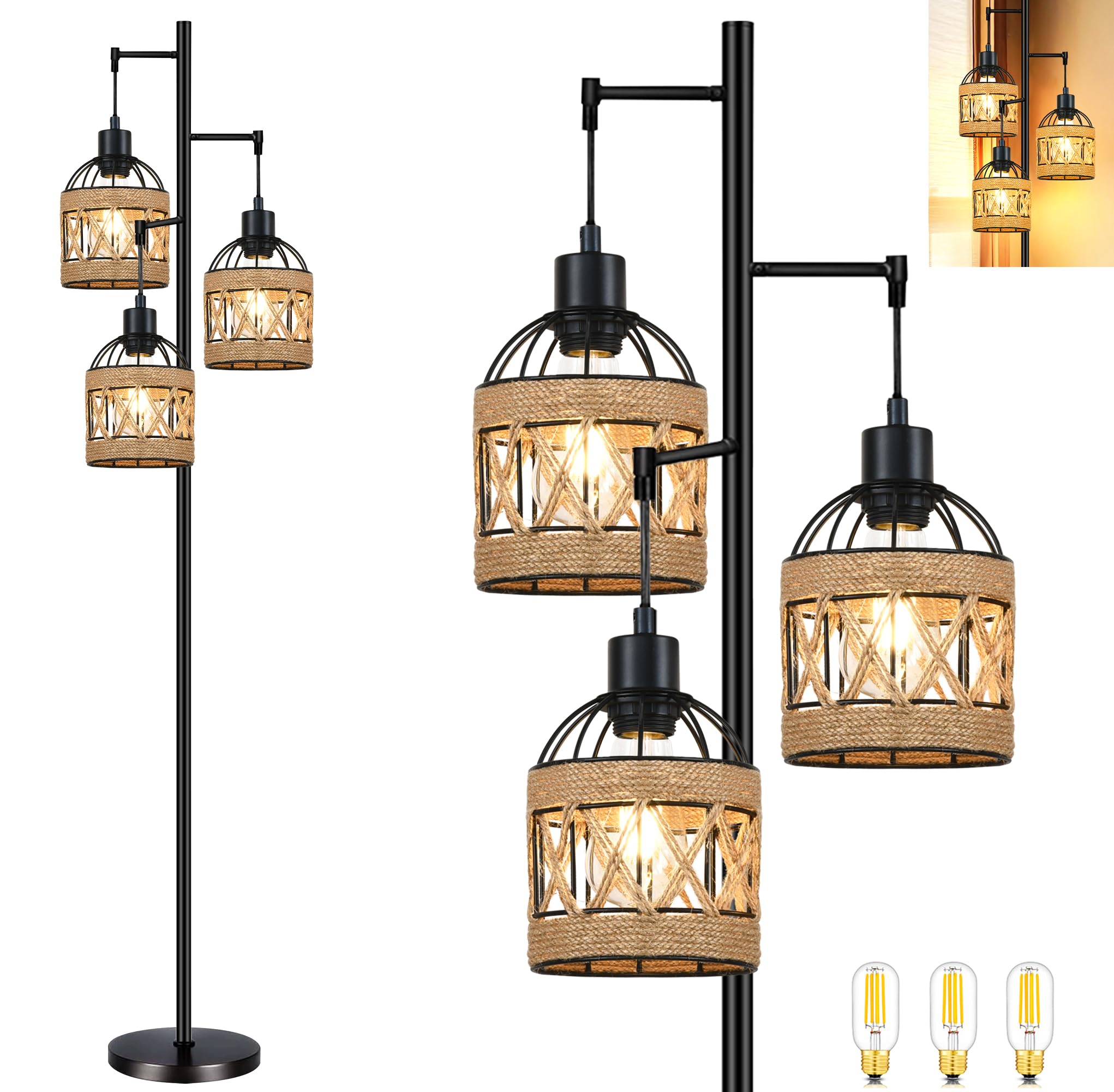 QIYIZM Floor Lamp for Living Room,Bedroom,3-Lights Boho Rattan Tree Floor Lights,Industrial Black Farmhouse Standing Lamp Wicker