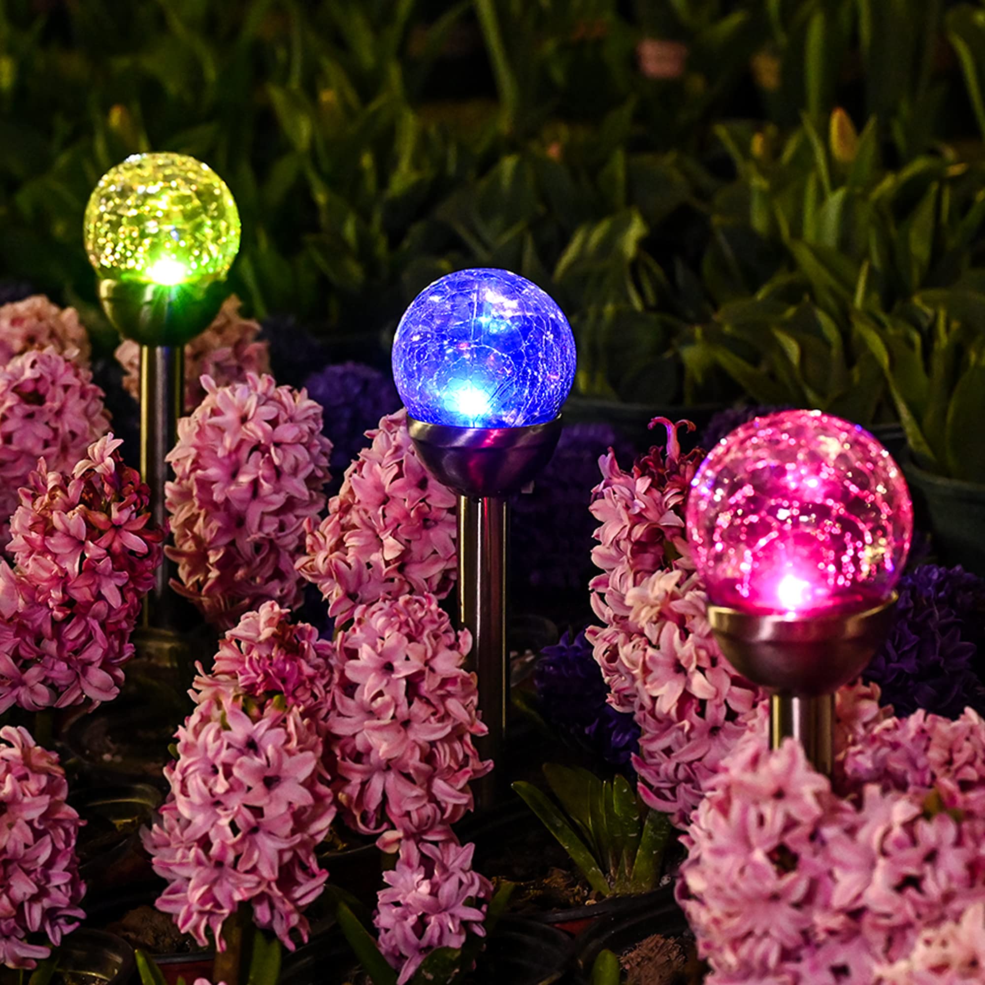 GIGALUMI Solar Path Lights, Color Changing  ed Glass Ball, 3 Pack, Stainless Steel